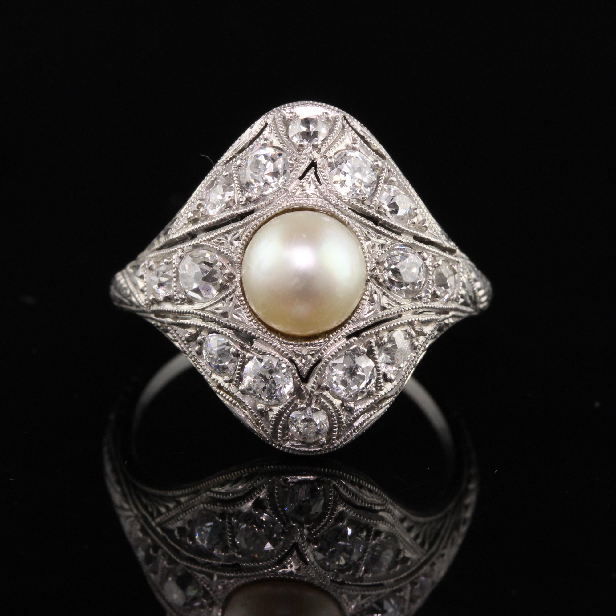 Antique Edwardian Platinum Old European Diamond Pearl Engagement Ring In Good Condition In Great Neck, NY