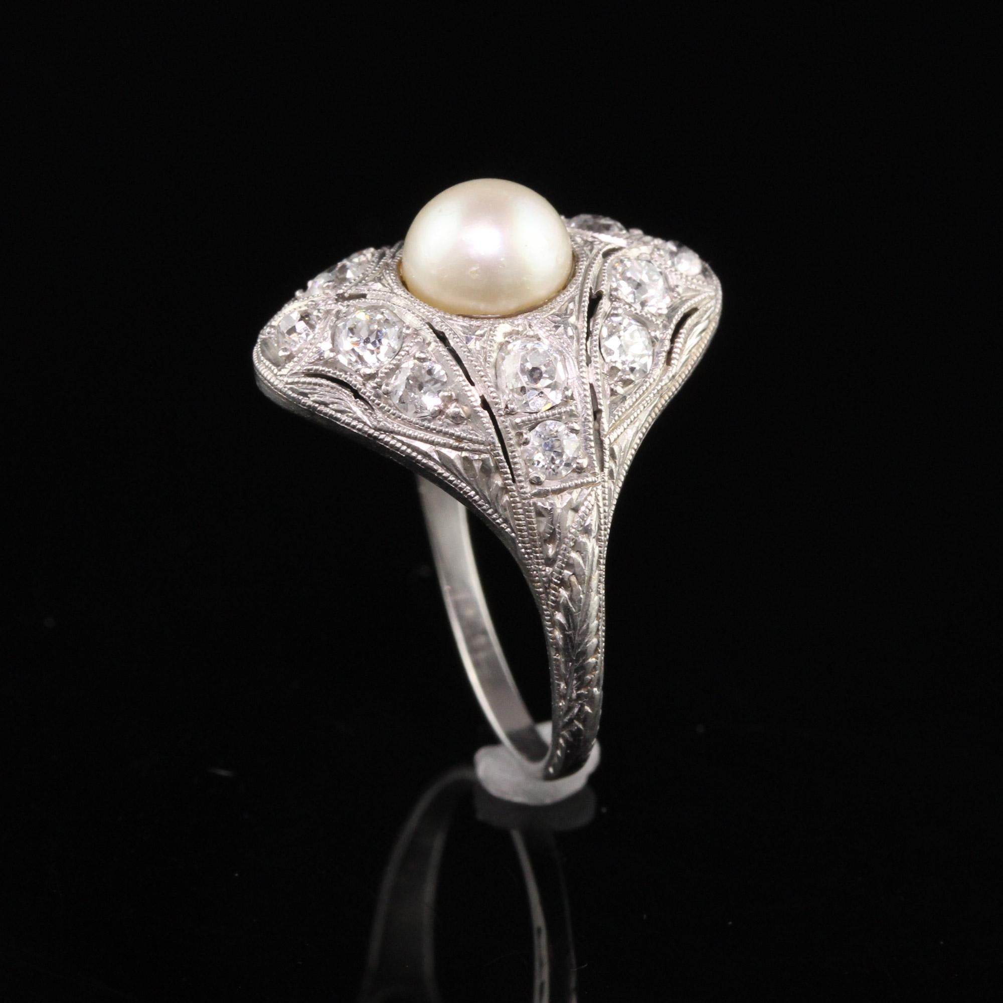 Antique Edwardian Platinum Old European Diamond Pearl Engagement Ring 1