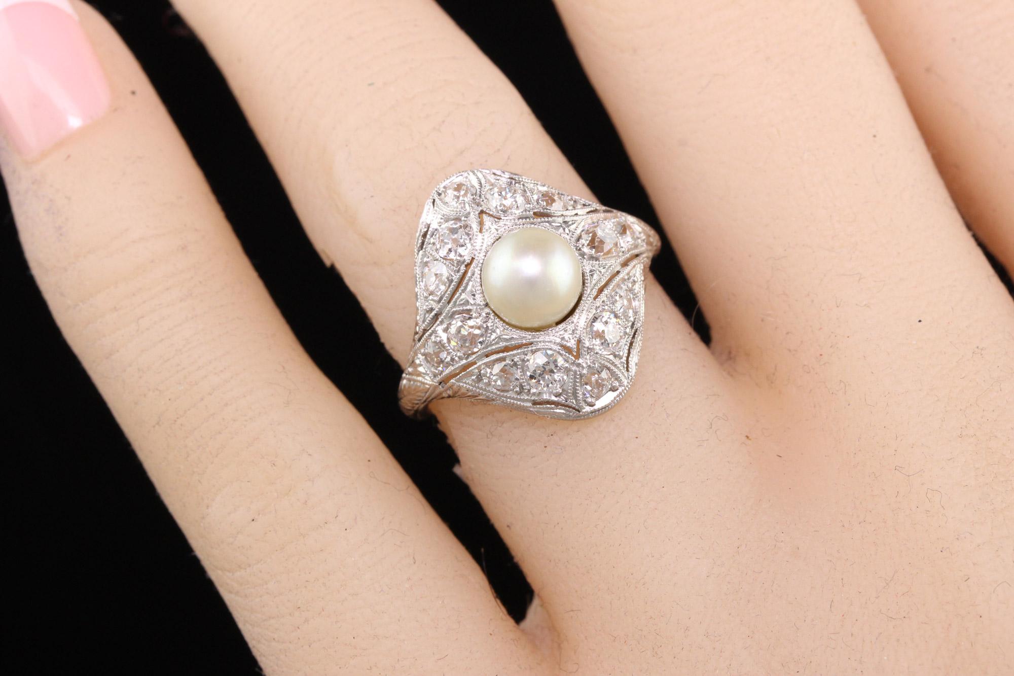 Antique Edwardian Platinum Old European Diamond Pearl Engagement Ring 2