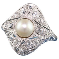 Antique Edwardian Platinum Old European Diamond Pearl Engagement Ring