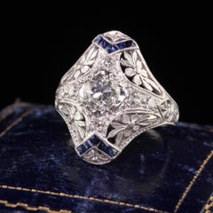 Antique Edwardian Platinum Old European Diamond Sapphire Shield Ring, GIA