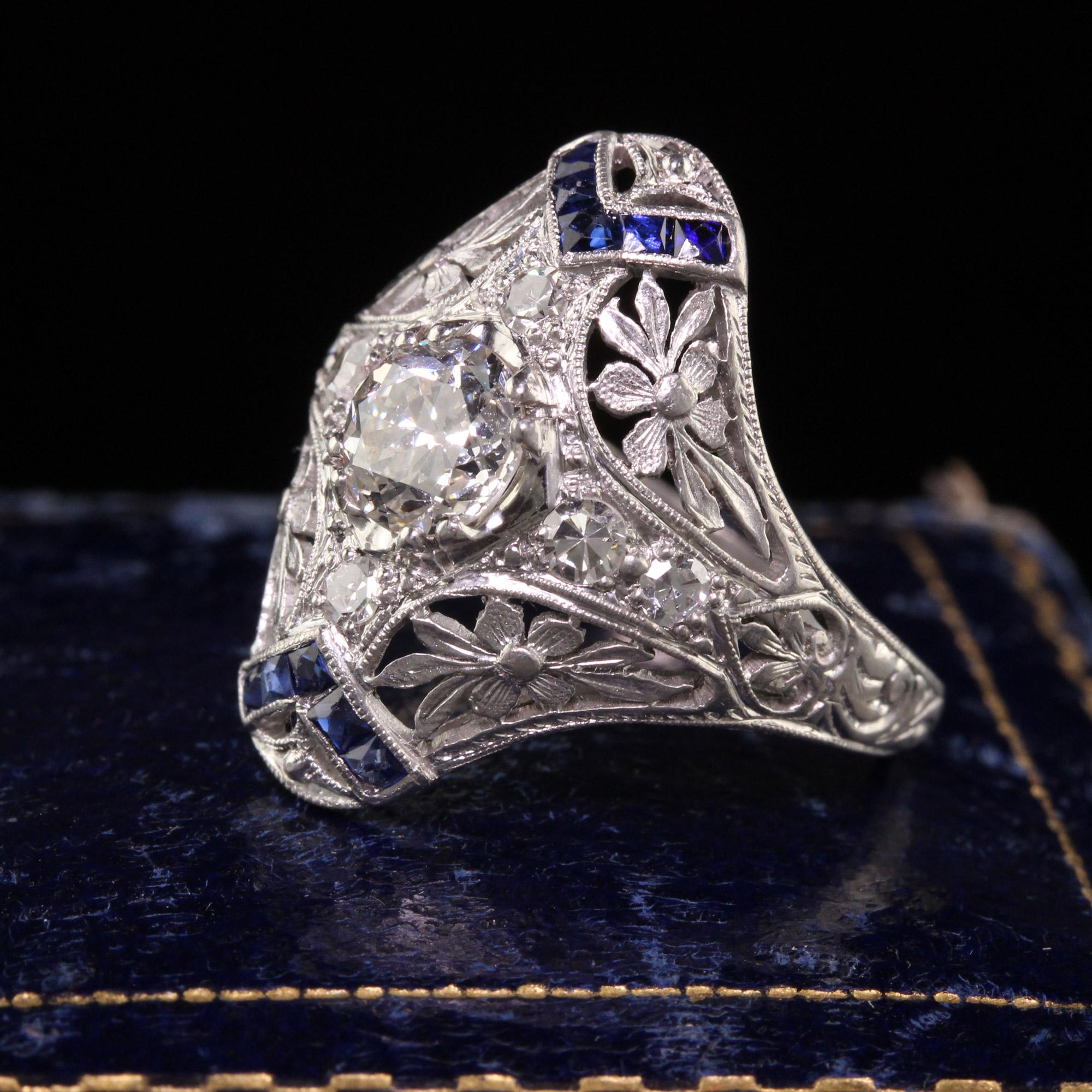 Antique Edwardian Platinum Old European Diamond Sapphire Shield Ring, GIA In Good Condition In Great Neck, NY