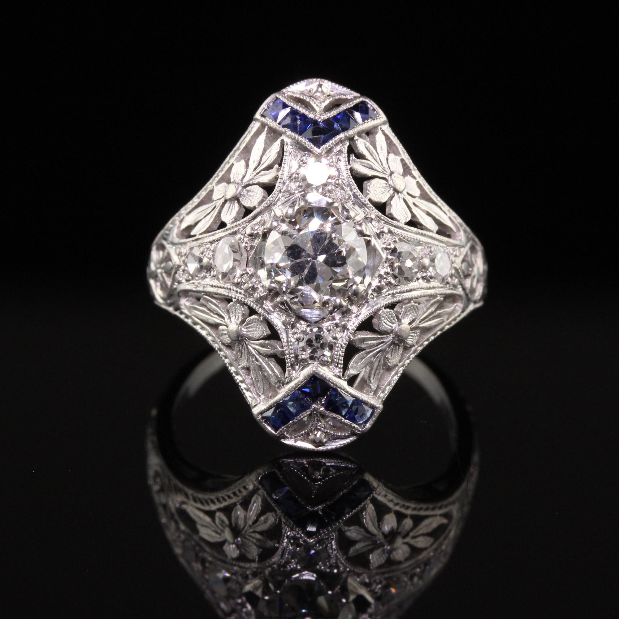 Women's Antique Edwardian Platinum Old European Diamond Sapphire Shield Ring, GIA
