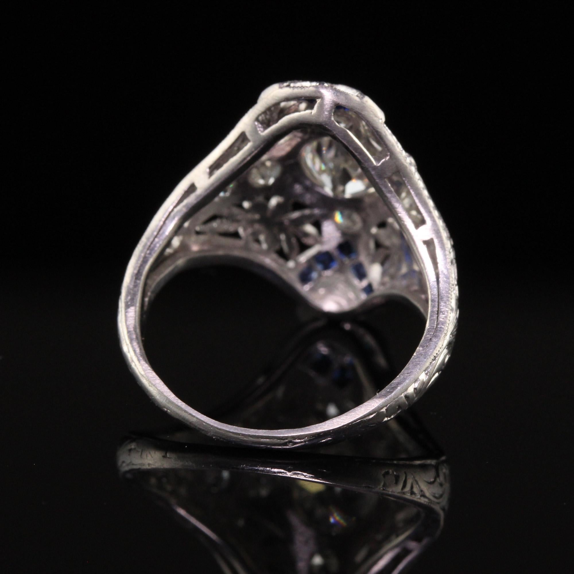 Antique Edwardian Platinum Old European Diamond Sapphire Shield Ring, GIA 1