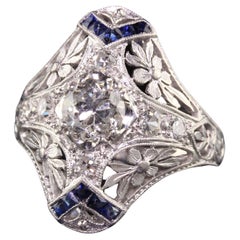 Antique Edwardian Platinum Old European Diamond Sapphire Shield Ring, GIA