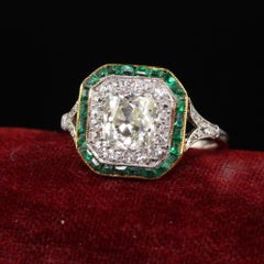 Antique Edwardian Platinum Old Mine Diamond and Emerald Engagement Ring