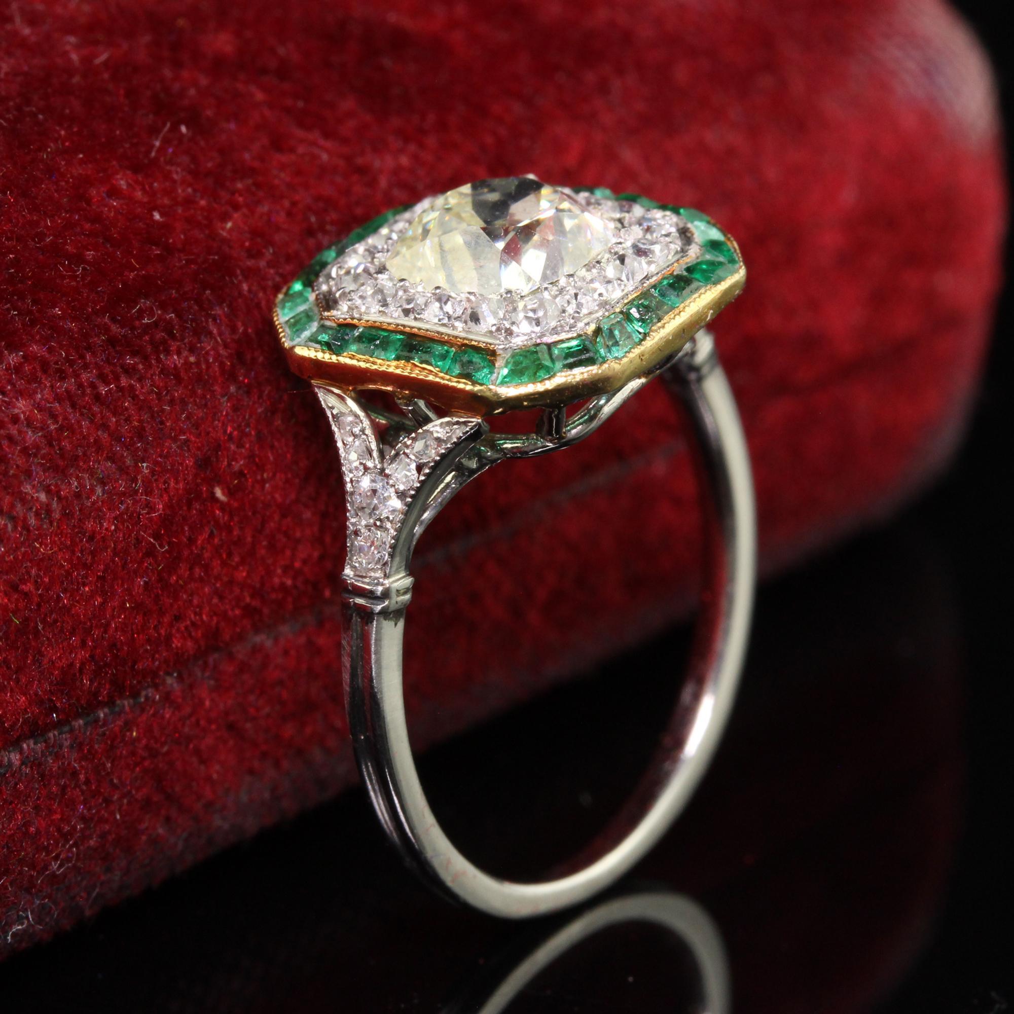Old Mine Cut Antique Edwardian Platinum Old Mine Diamond and Emerald Engagement Ring For Sale