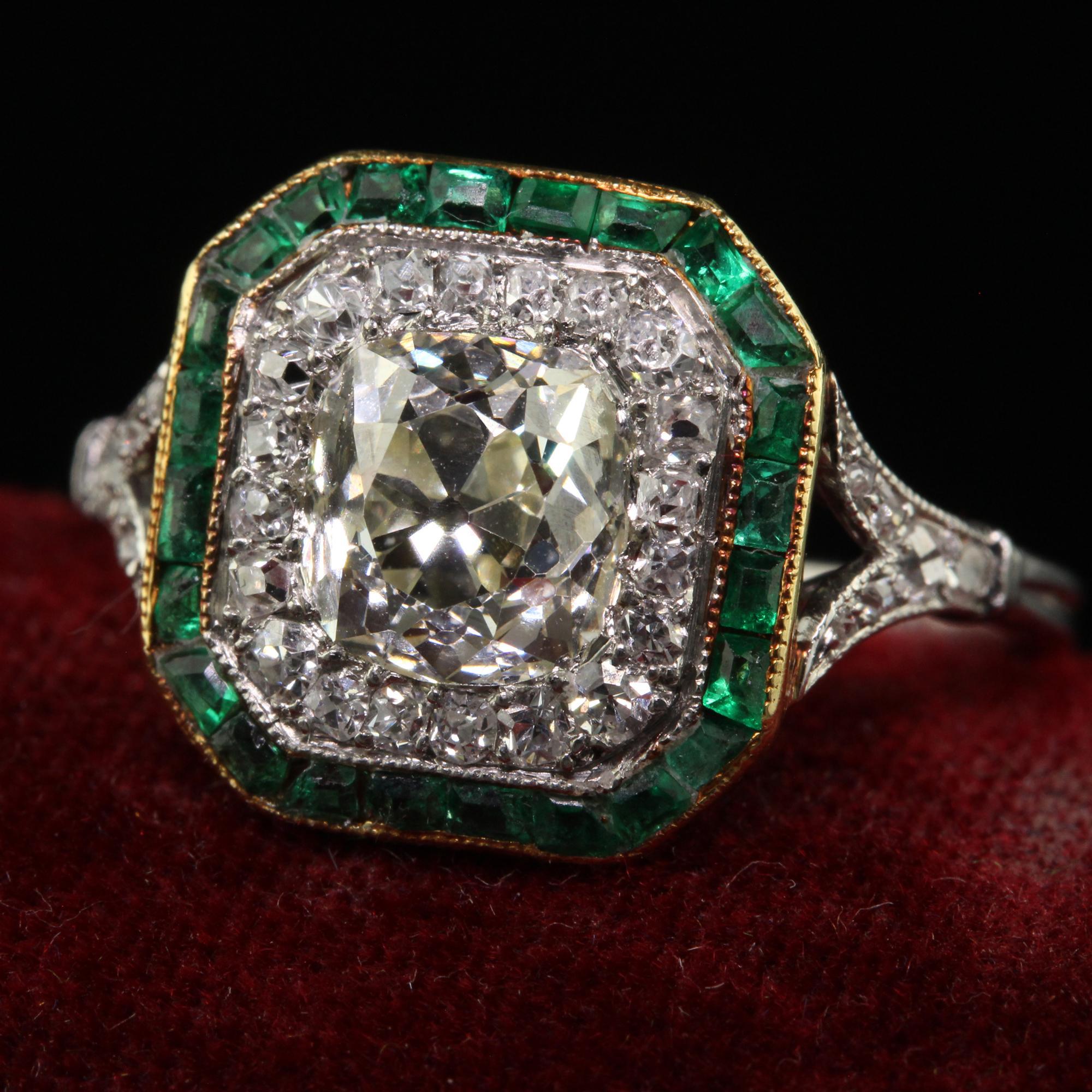 Antique Edwardian Platinum Old Mine Diamond and Emerald Engagement Ring In Good Condition For Sale In Great Neck, NY