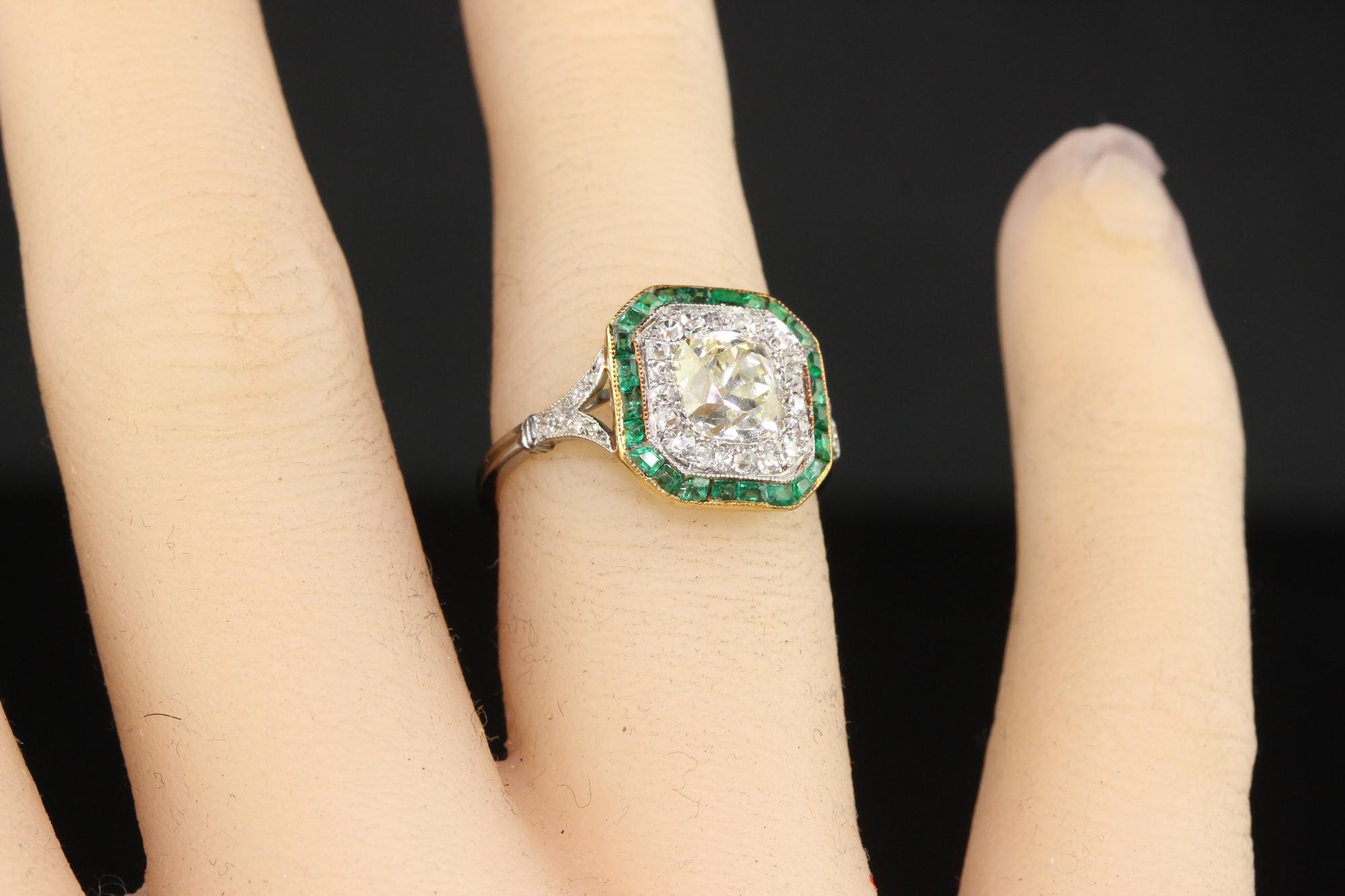 Antique Edwardian Platinum Old Mine Diamond and Emerald Engagement Ring For Sale 4
