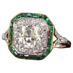 Used Edwardian Platinum Old Mine Diamond and Emerald Engagement Ring