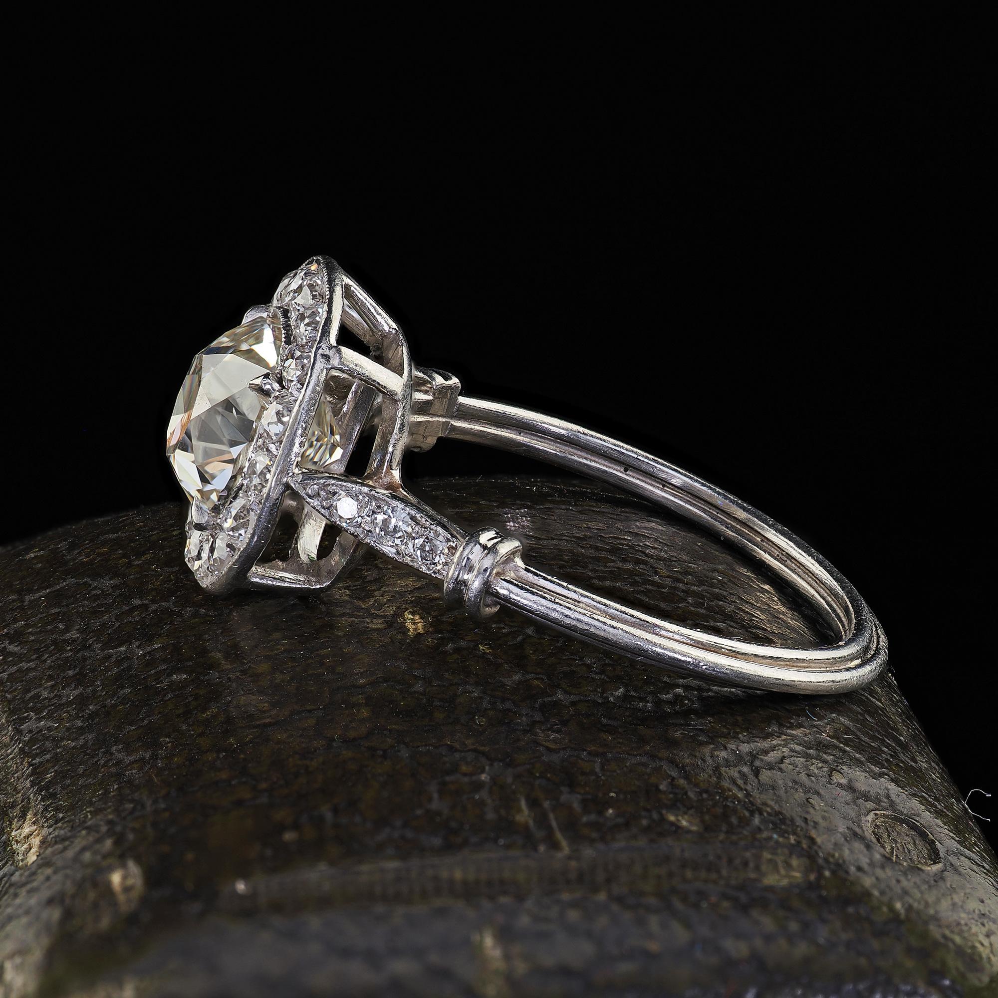 Women's Antique Edwardian Platinum Old Mine Diamond and Halo Engagement Ring - GIA For Sale