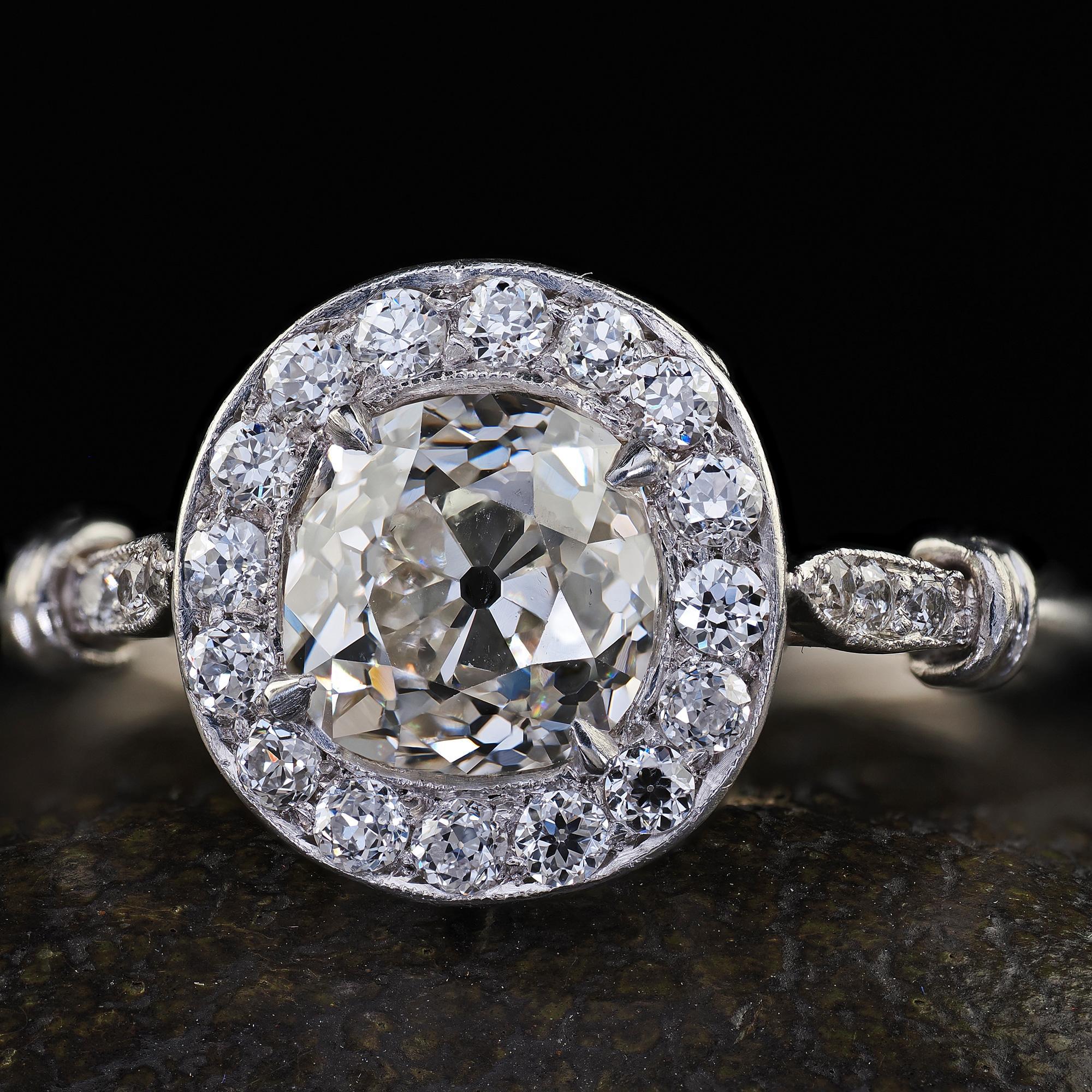 Antique Edwardian Platinum Old Mine Diamond and Halo Engagement Ring - GIA For Sale 1