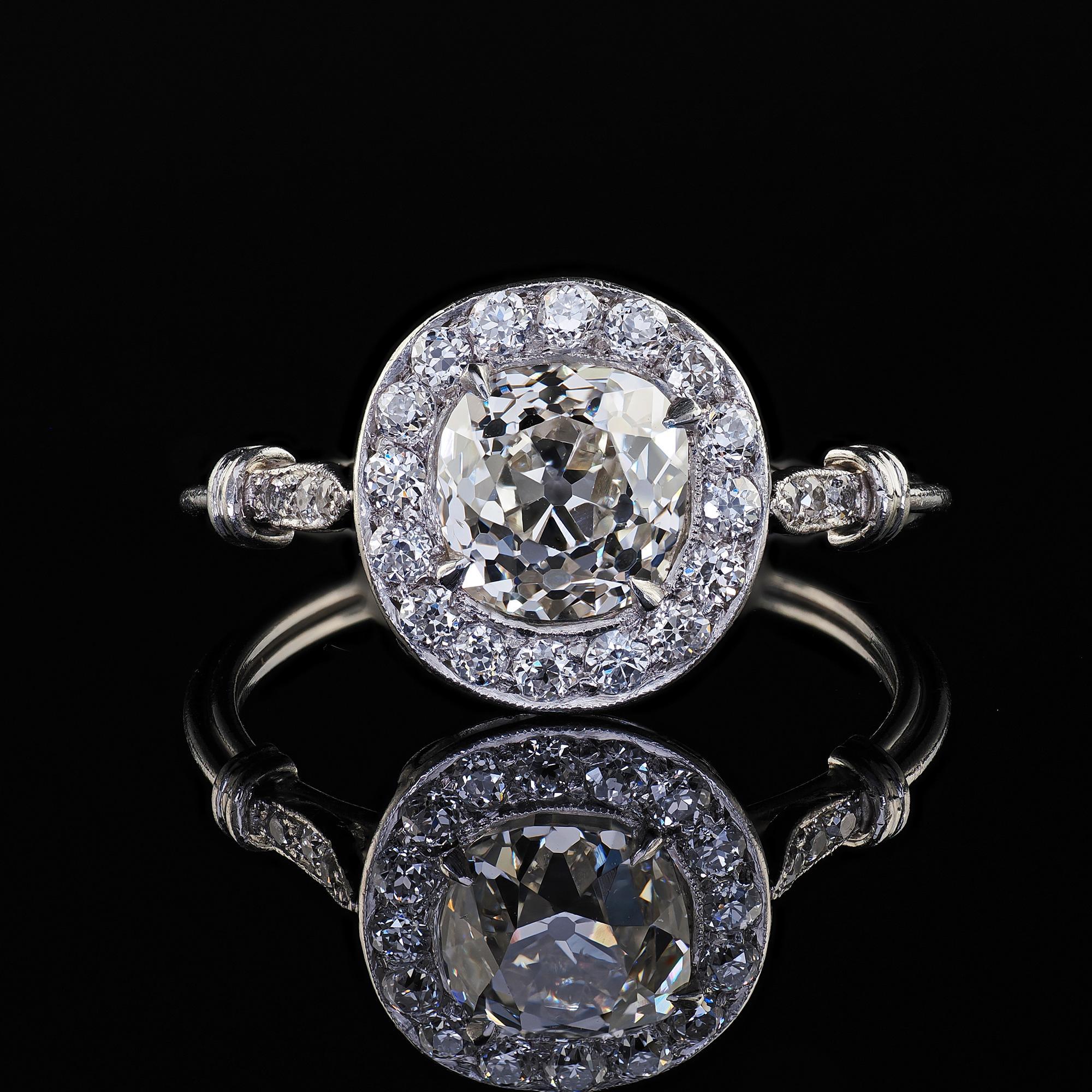 Antique Edwardian Platinum Old Mine Diamond and Halo Engagement Ring - GIA For Sale 2