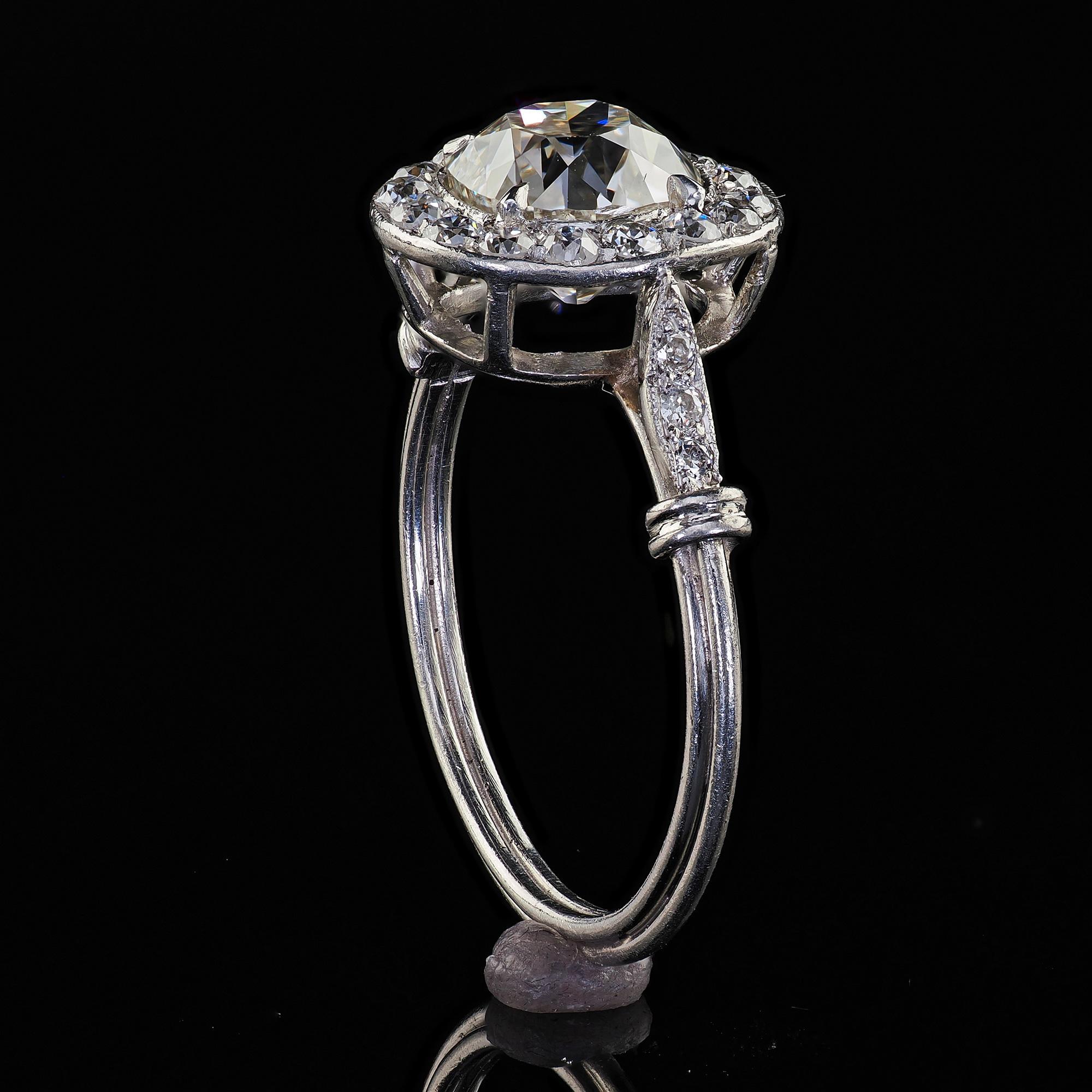 Antique Edwardian Platinum Old Mine Diamond and Halo Engagement Ring - GIA For Sale 4