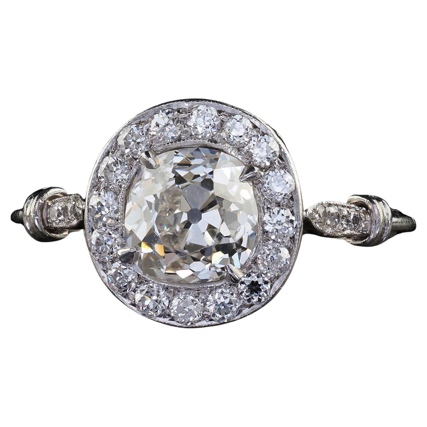 Antique Edwardian Platinum Old Mine Diamond and Halo Engagement Ring - GIA