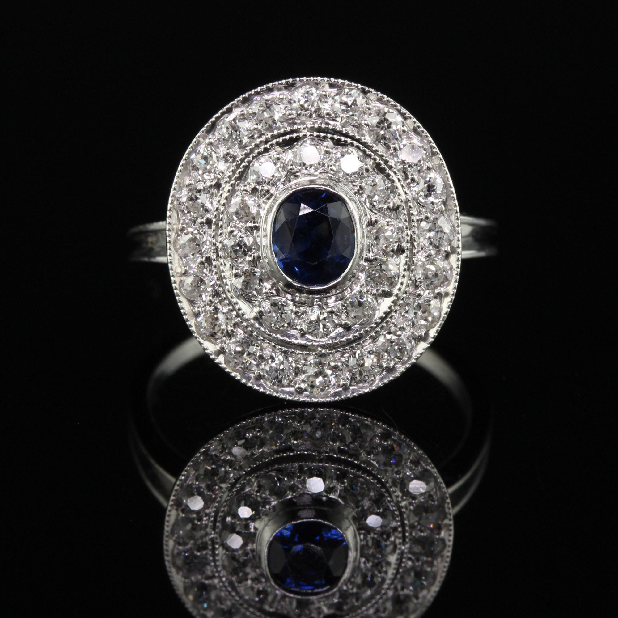 Antique Edwardian Platinum Old Mine Diamond and Sapphire Engagement Ring In Good Condition In Great Neck, NY
