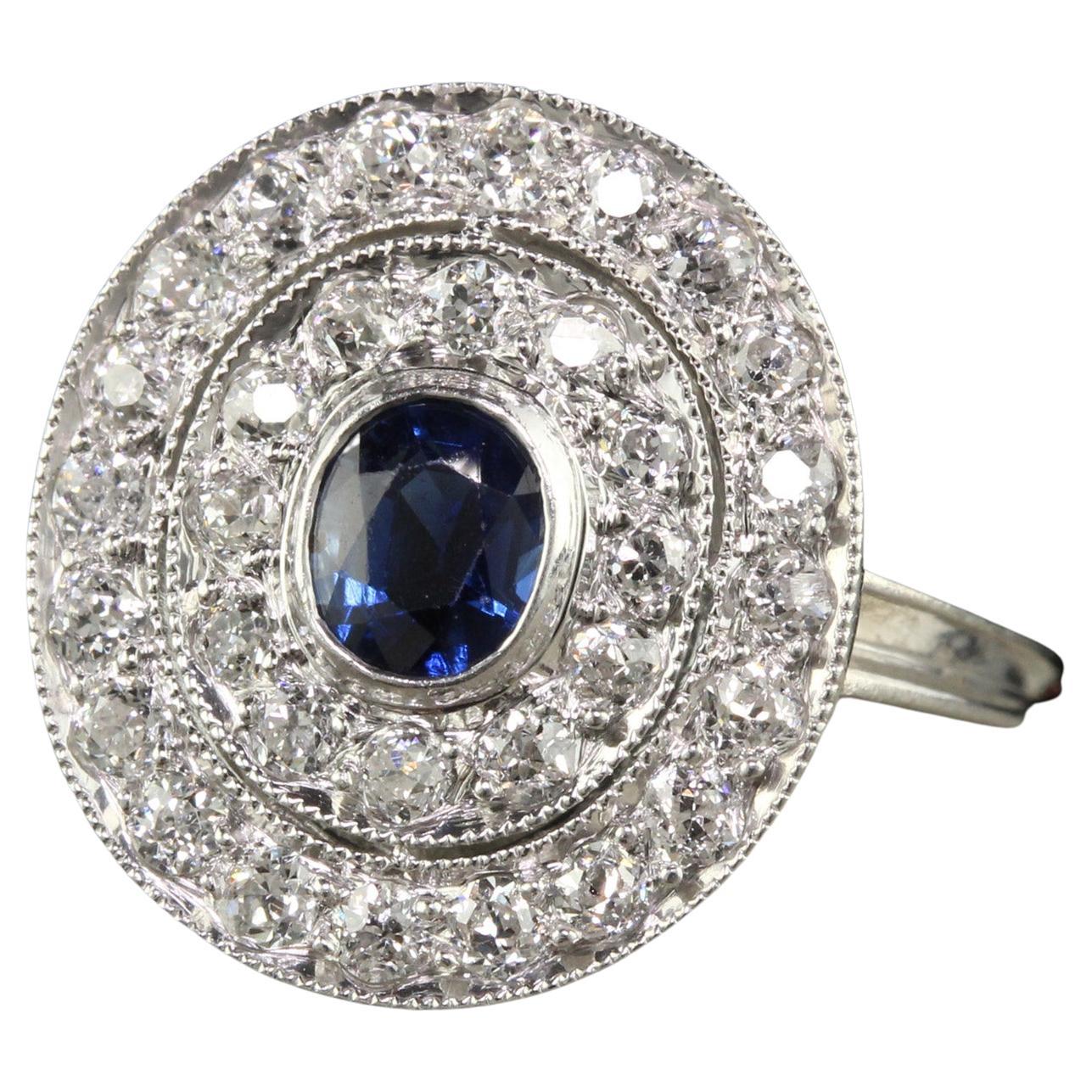 Antique Edwardian Platinum Old Mine Diamond and Sapphire Engagement Ring