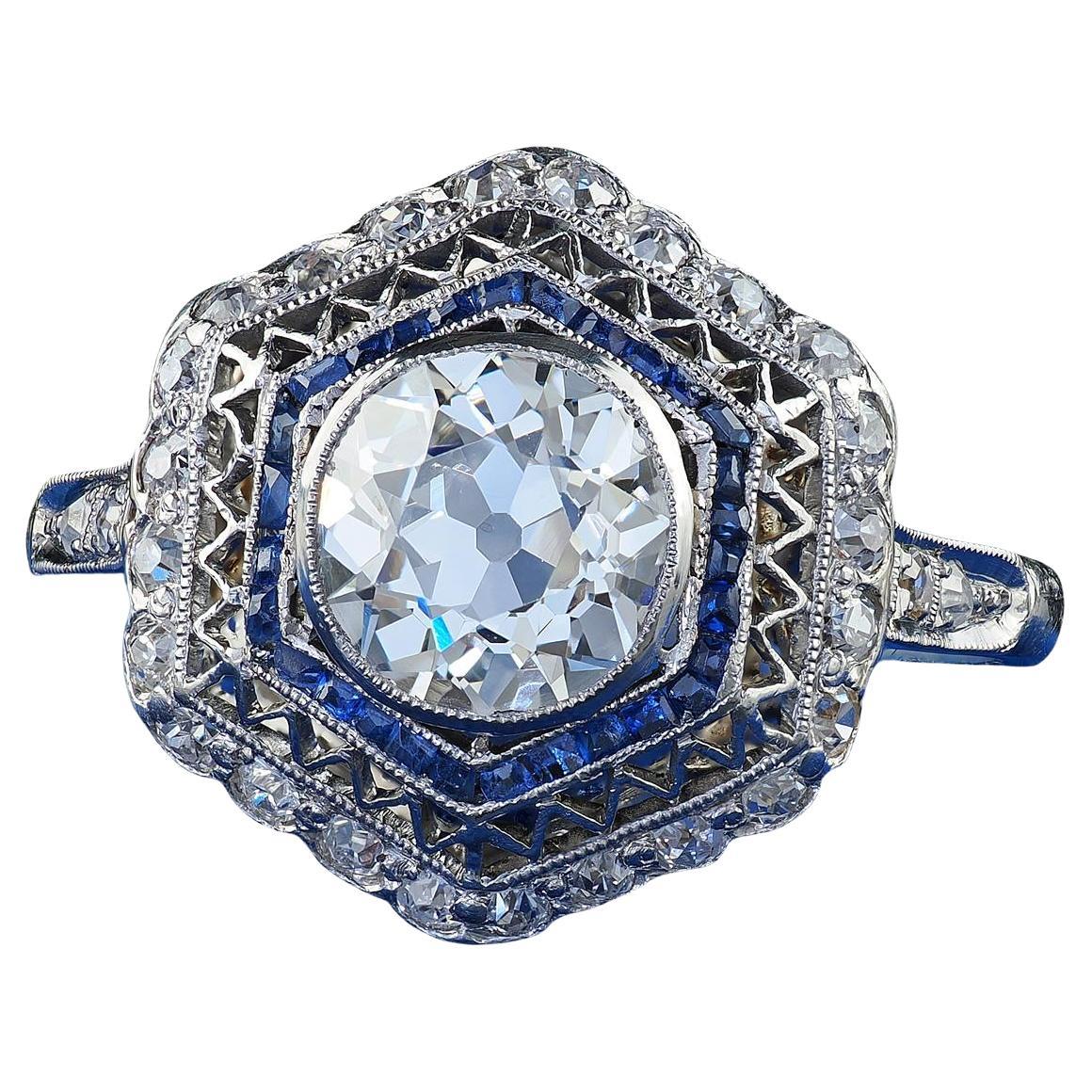 Antique Edwardian Platinum Old Mine Diamond and Sapphire Engagement Ring - GIA