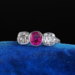 Antique Edwardian Platinum Old Mine Diamond Burma Ruby Three Stone Ring - GIA