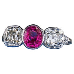 Antique Edwardian Platinum Old Mine Diamond Burma Ruby Three Stone Ring - GIA