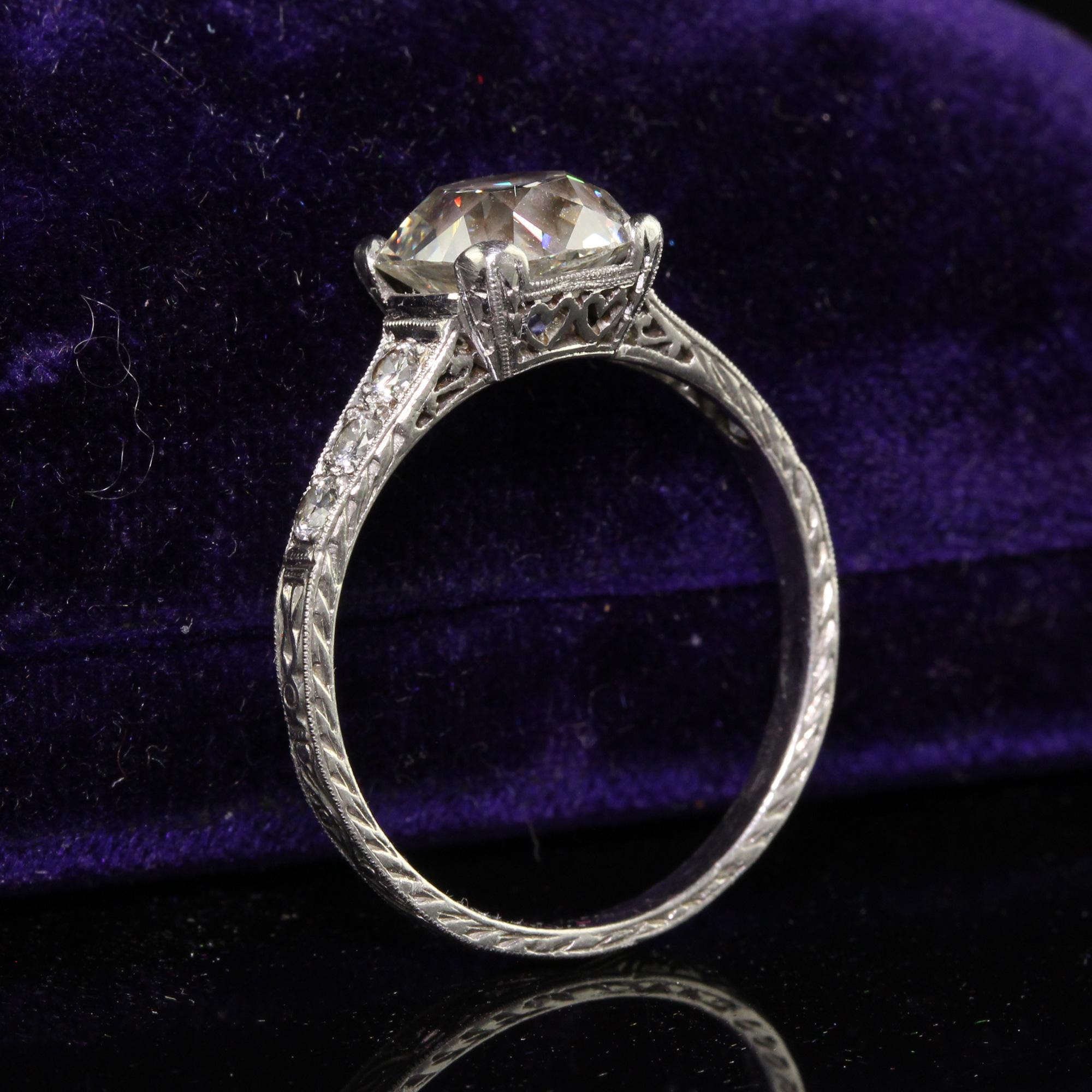 Old Mine Cut Antique Edwardian Platinum Old Mine Diamond Filigree Engagement Ring - GIA For Sale