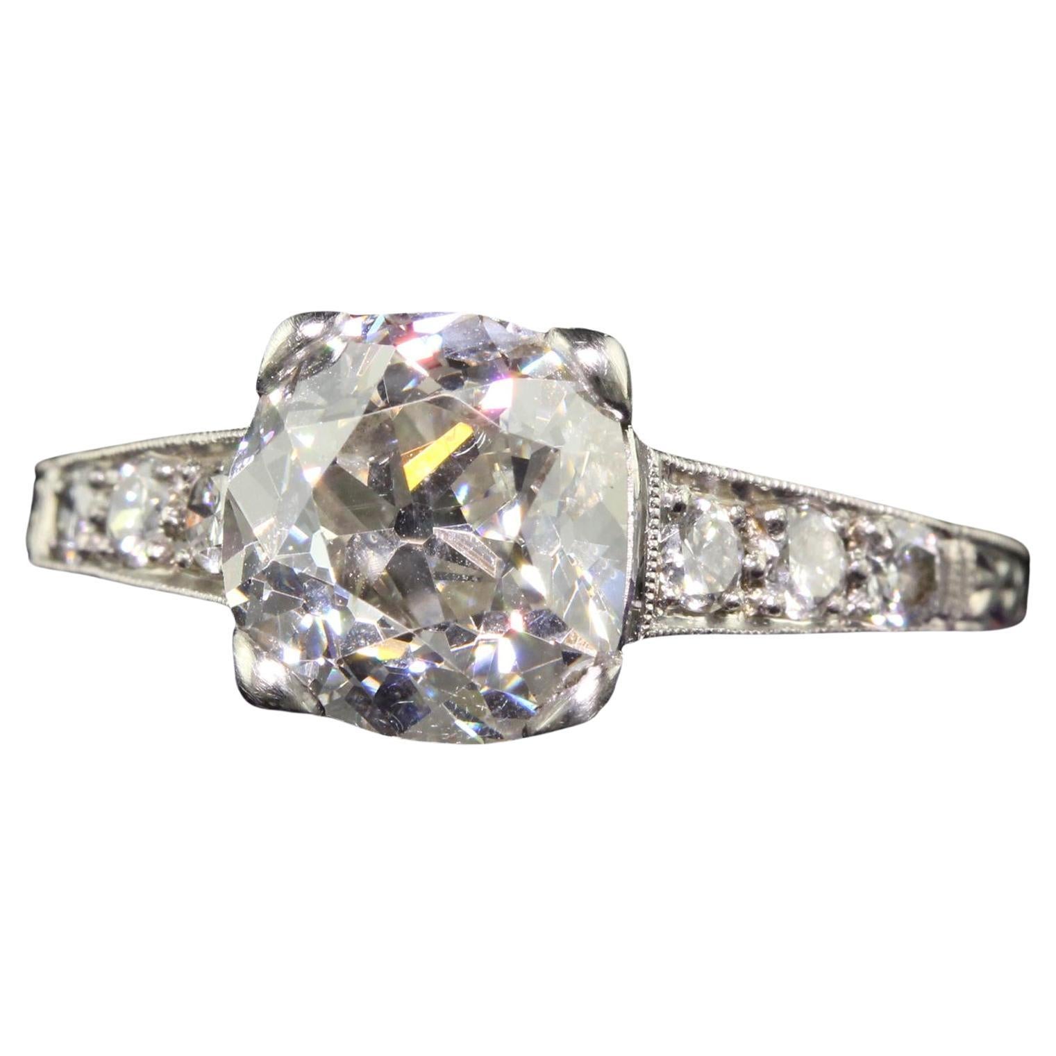 Antique Edwardian Platinum Old Mine Diamond Filigree Engagement Ring - GIA