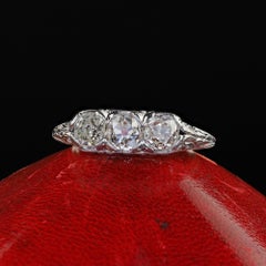 Antique Edwardian Platinum Old Mine Diamond Filigree Three Stone Ring