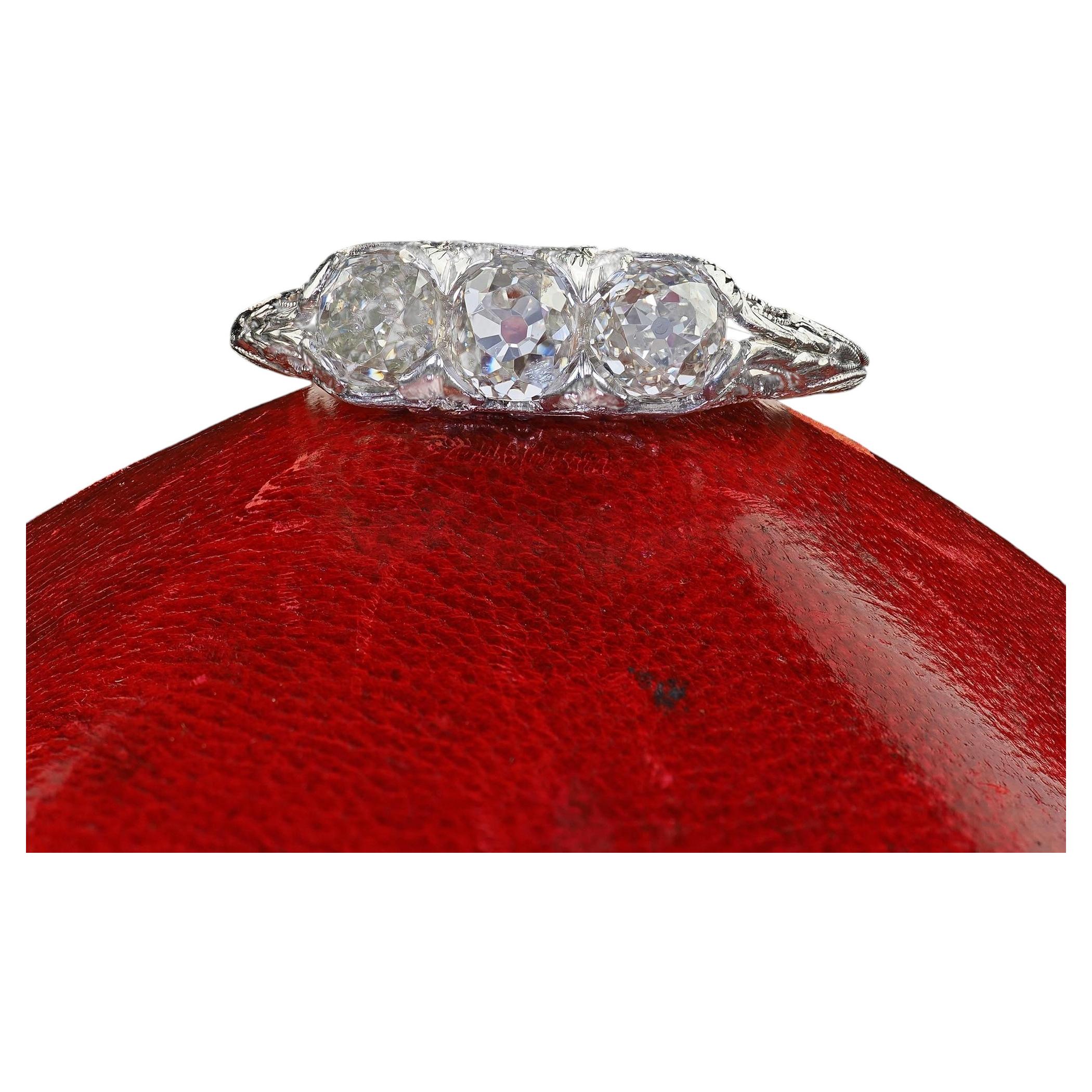 Antique Edwardian Platinum Old Mine Diamond Filigree Three Stone Ring For Sale