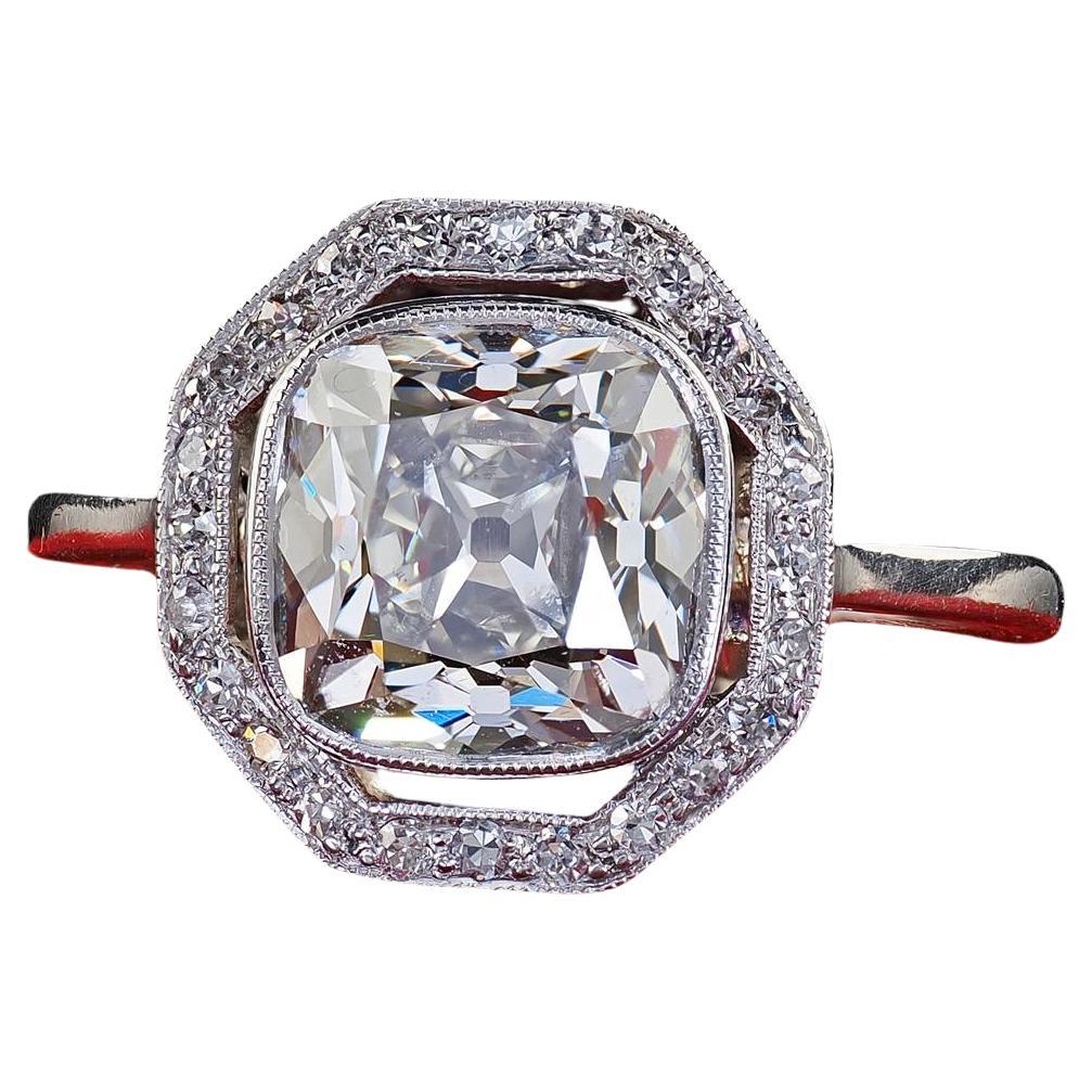 Antique Edwardian Platinum Old Mine Diamond Halo Engagement Ring - GIA For Sale