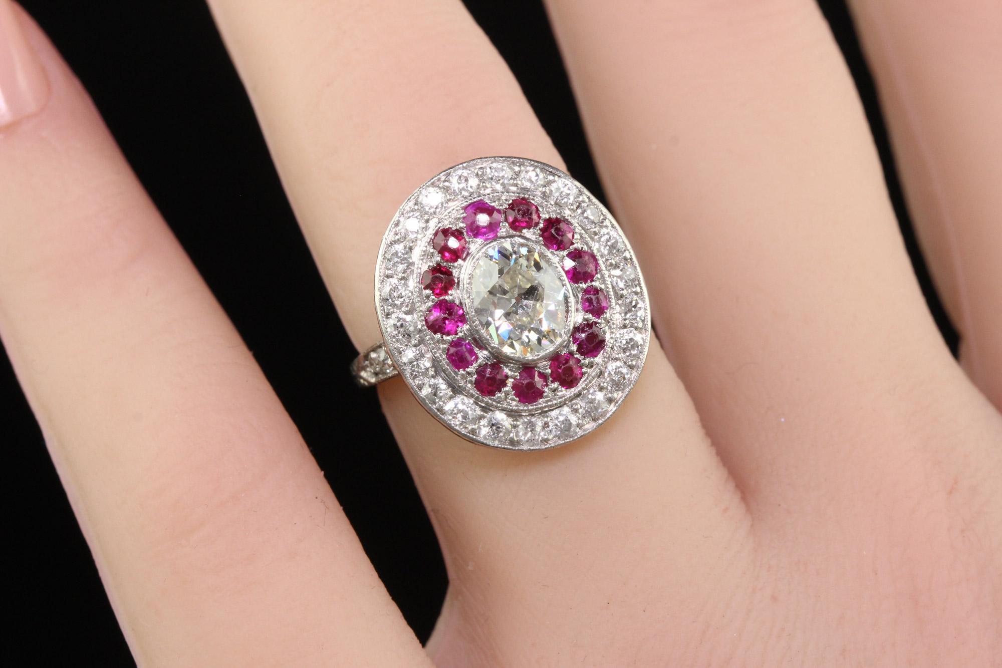 Antique Edwardian Platinum Old Mine Oval Diamond and Ruby Engagement Ring For Sale 6