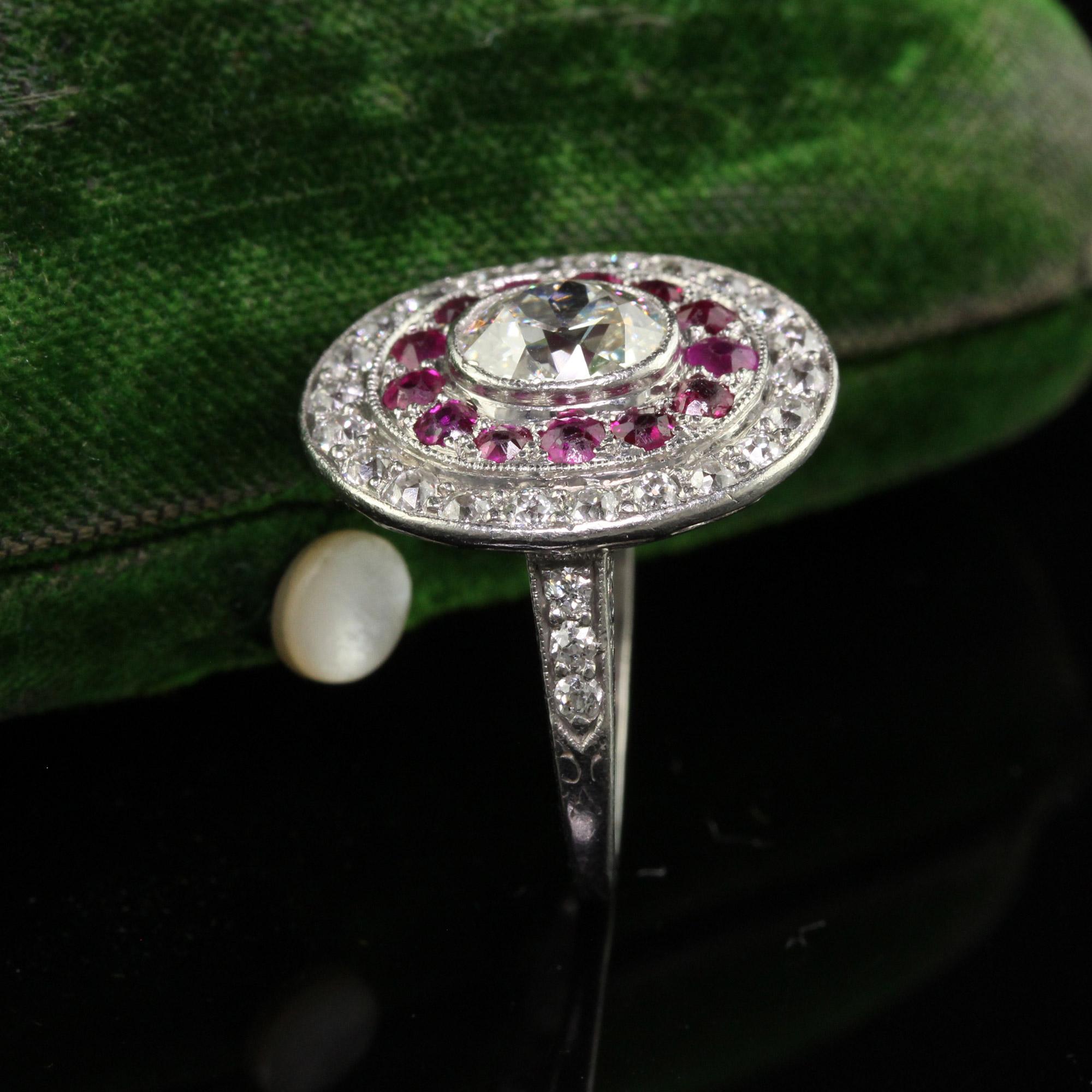 Old Mine Cut Antique Edwardian Platinum Old Mine Oval Diamond and Ruby Engagement Ring For Sale