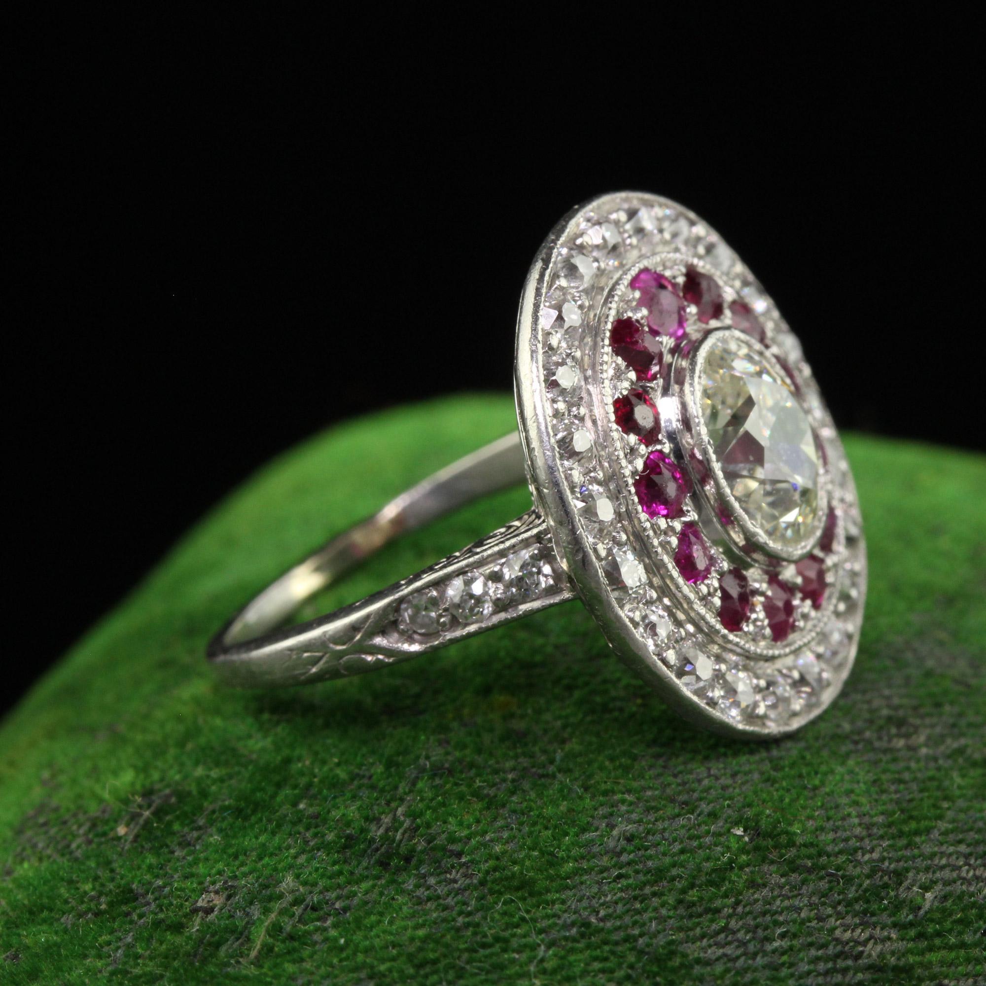 Antique Edwardian Platinum Old Mine Oval Diamond and Ruby Engagement Ring In Good Condition For Sale In Great Neck, NY