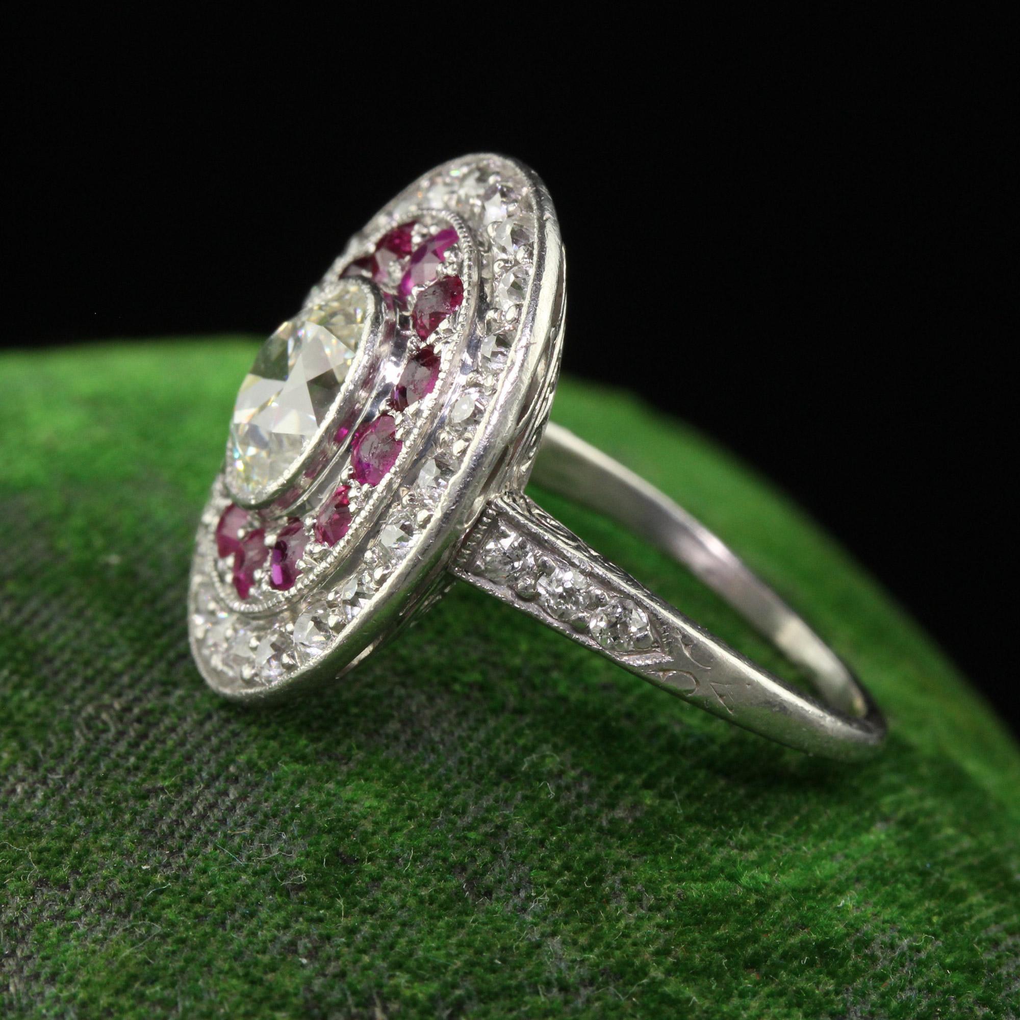 Women's Antique Edwardian Platinum Old Mine Oval Diamond and Ruby Engagement Ring For Sale