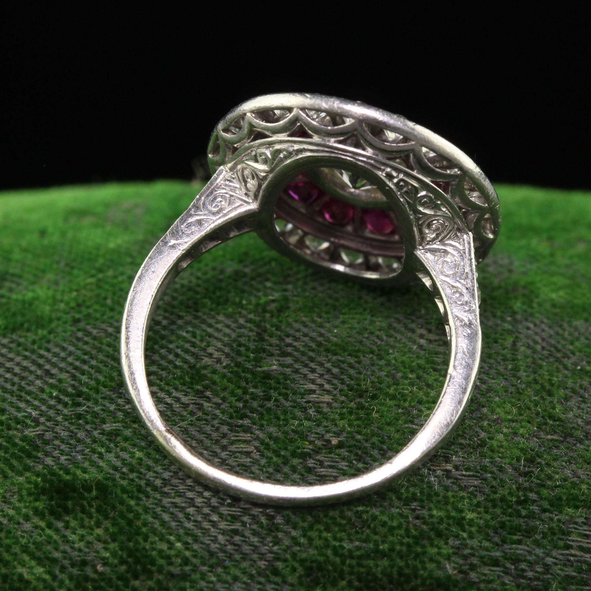 Antique Edwardian Platinum Old Mine Oval Diamond and Ruby Engagement Ring For Sale 1