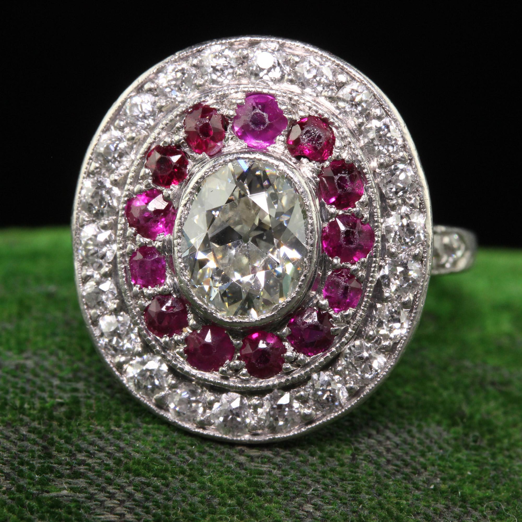 Antique Edwardian Platinum Old Mine Oval Diamond and Ruby Engagement Ring For Sale 2