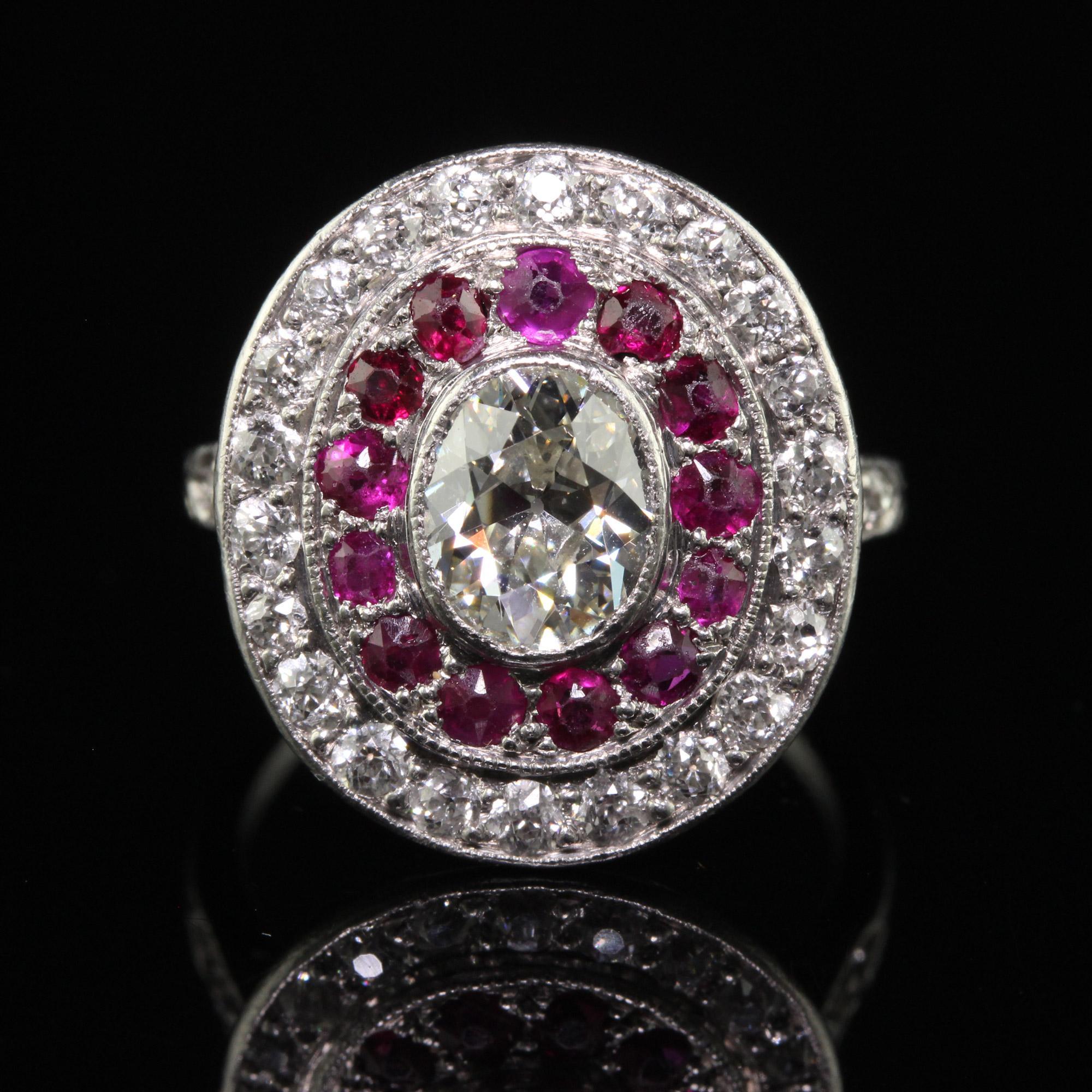 Antique Edwardian Platinum Old Mine Oval Diamond and Ruby Engagement Ring For Sale 3
