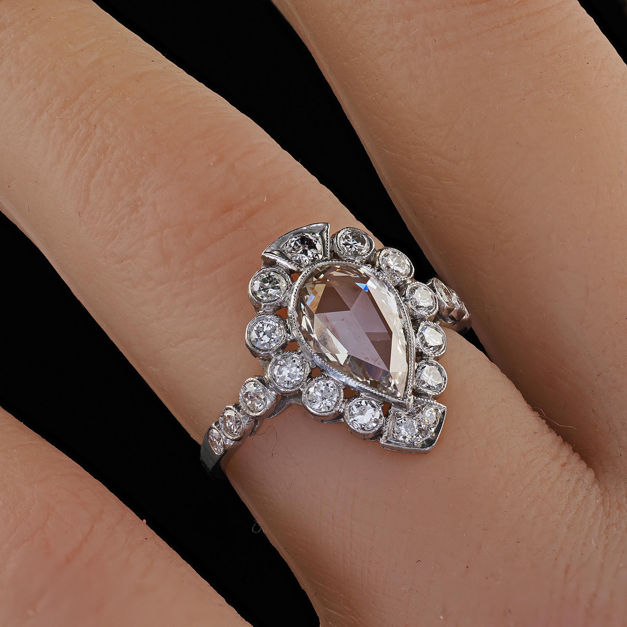 Antique Edwardian Platinum Old Rose Cut Diamond Engagement Ring - GIA 6