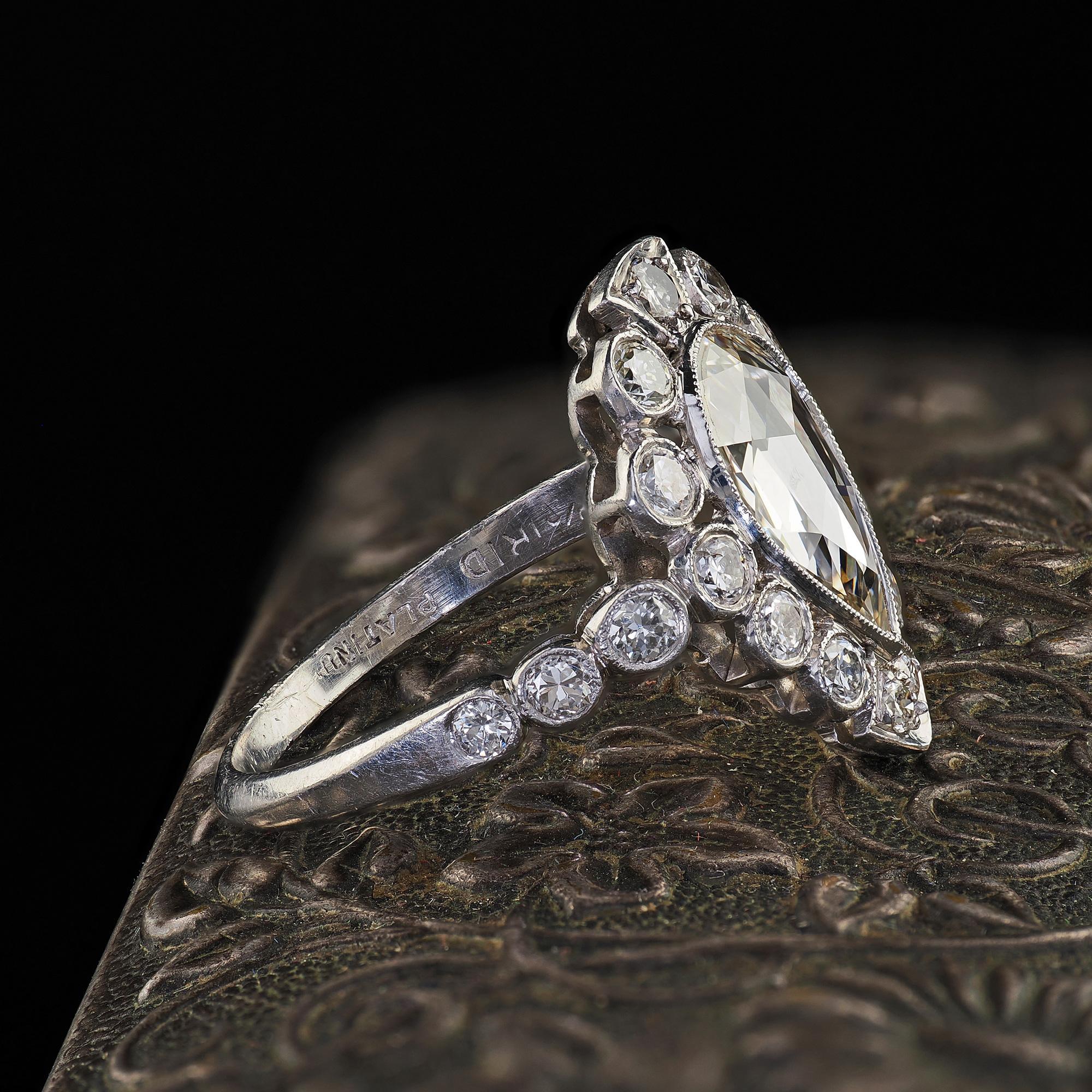 Women's Antique Edwardian Platinum Old Rose Cut Diamond Engagement Ring - GIA