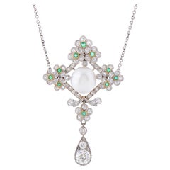 Antique Edwardian Platinum, Pearl, Diamond and Emerald Cross Pendant