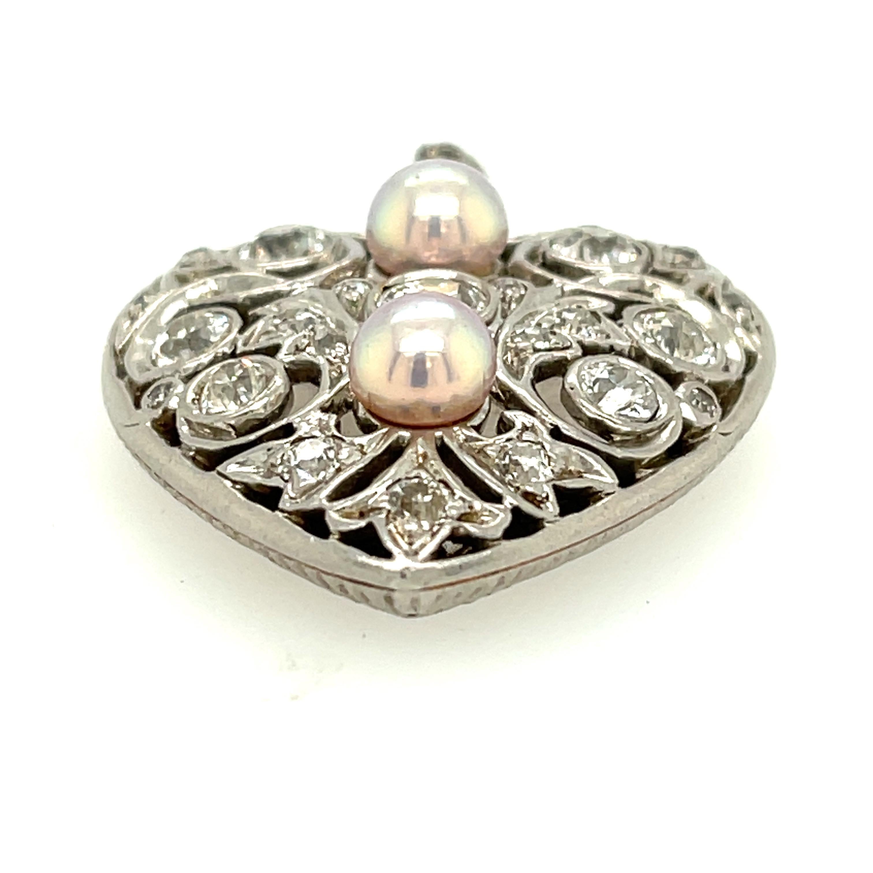 Old European Cut Antique Edwardian Platinum Pearl Diamond Heart Pendant