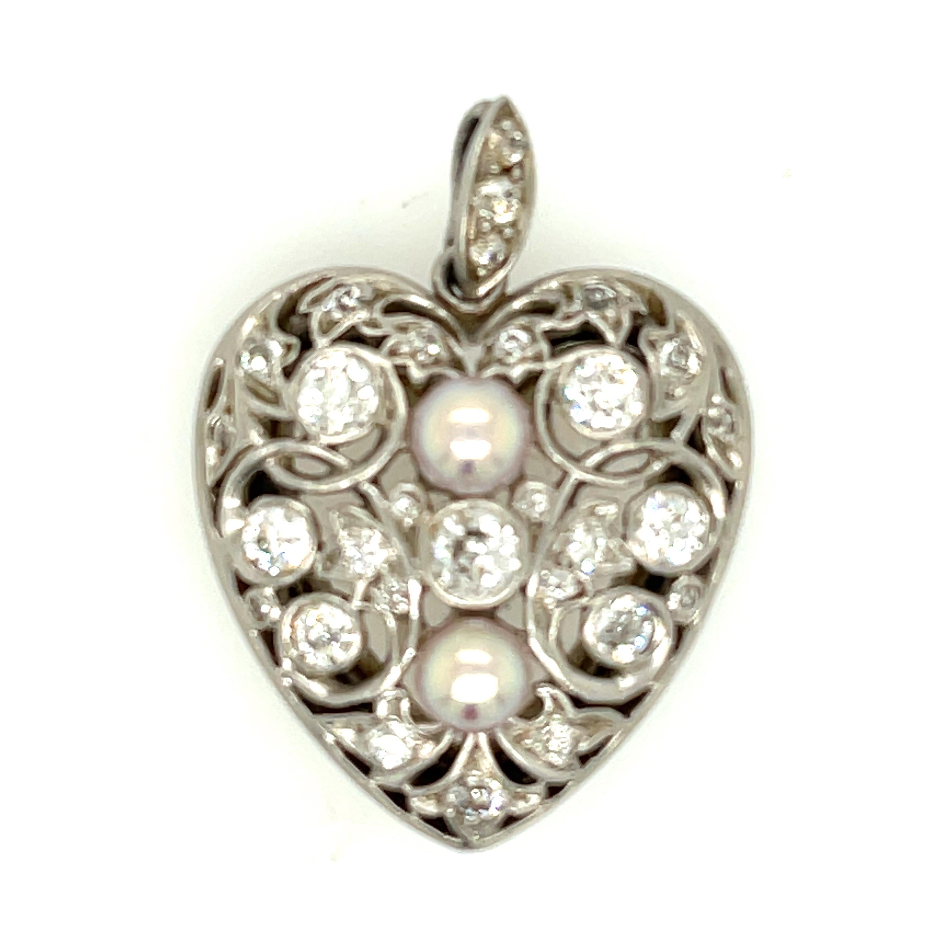 Women's or Men's Antique Edwardian Platinum Pearl Diamond Heart Pendant