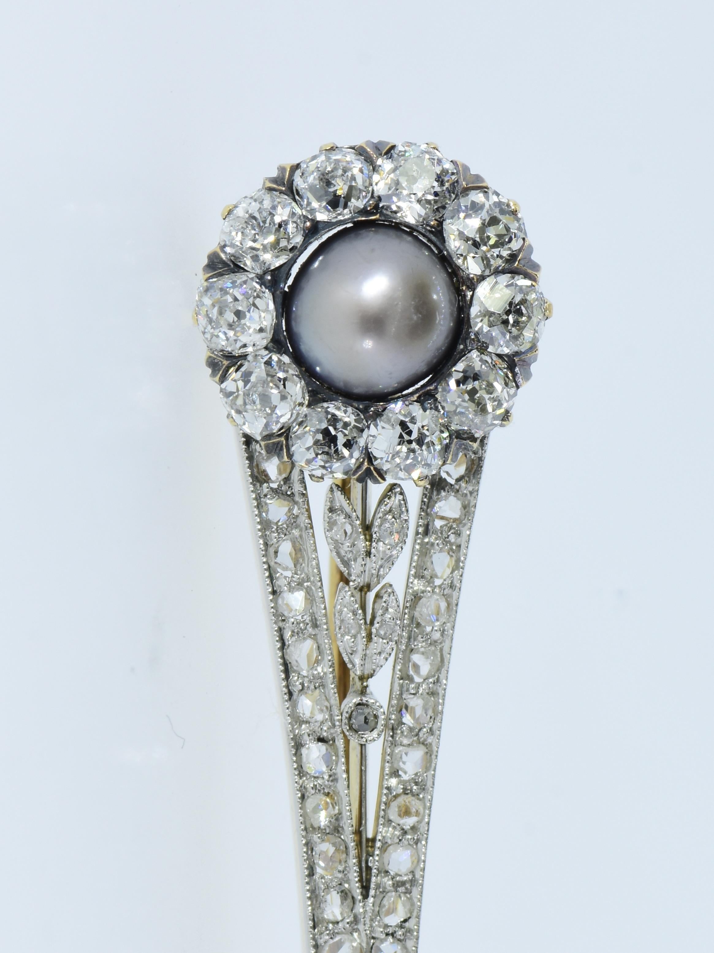 Women's or Men's Antique Edwardian Platinum Pin of Diamonds & Natural Pearl, c. 1907 For Sale