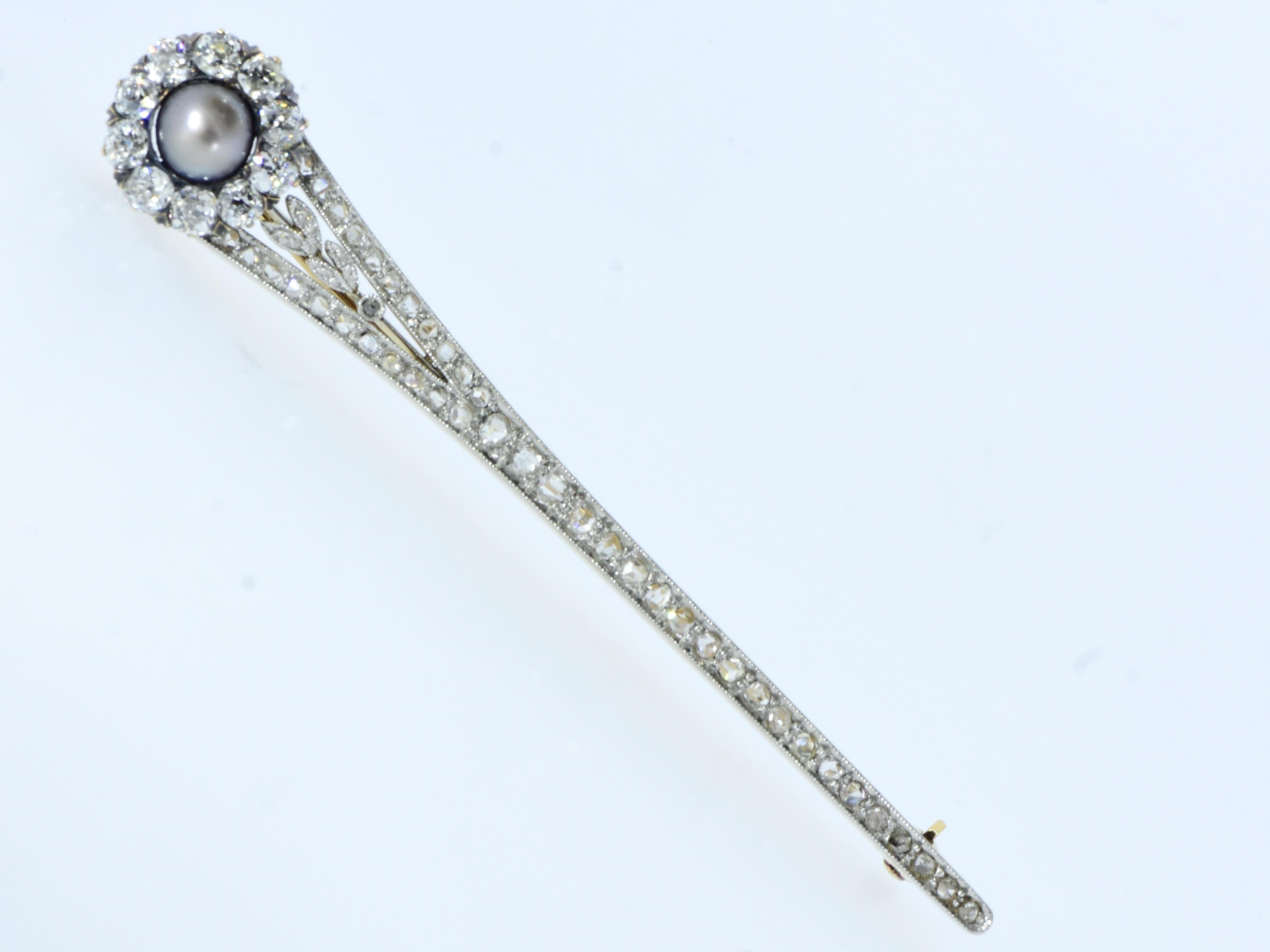 Antique Edwardian Platinum Pin of Diamonds & Natural Pearl, c. 1907 For Sale 3