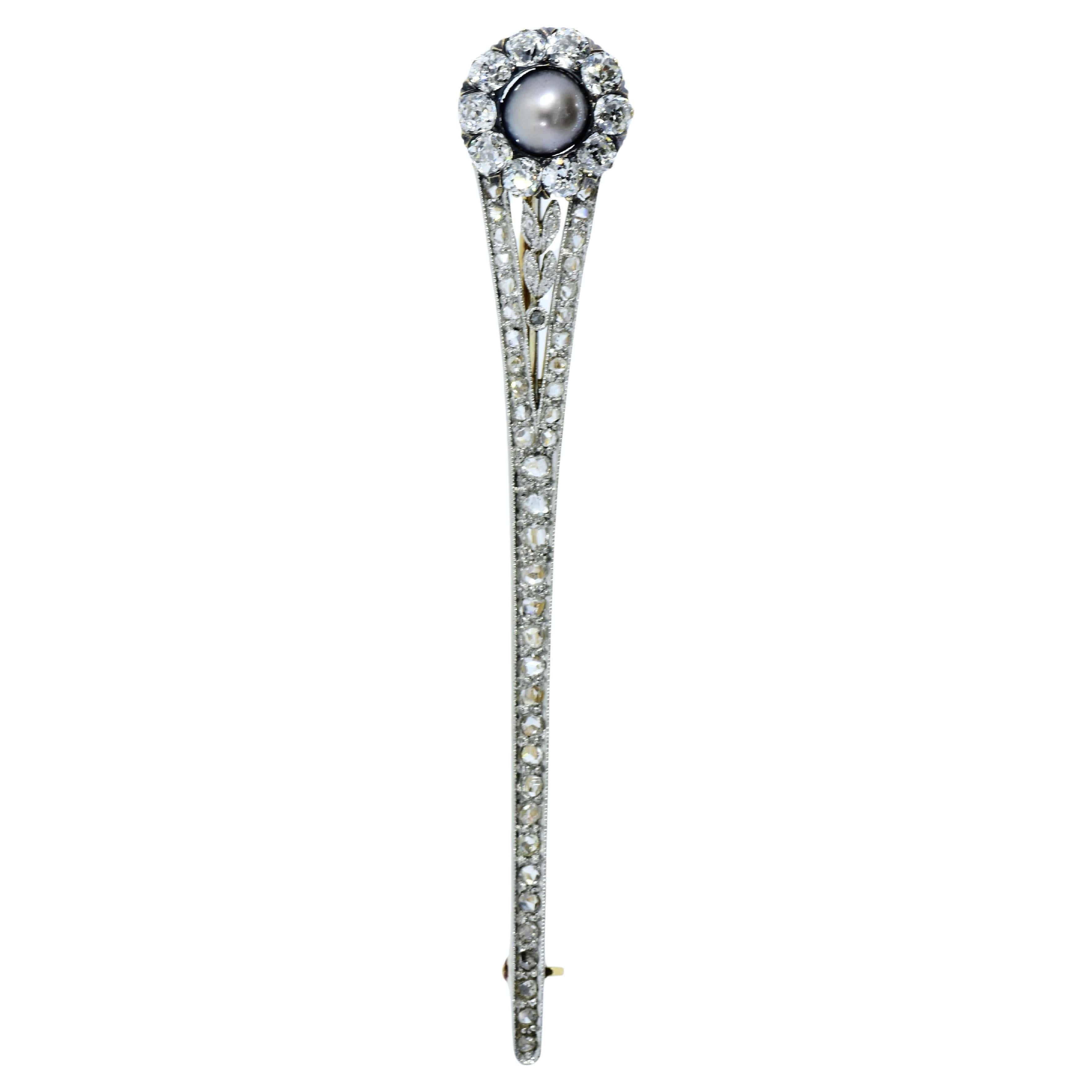 Antique Edwardian Platinum Pin of Diamonds & Natural Pearl, c. 1907 For Sale