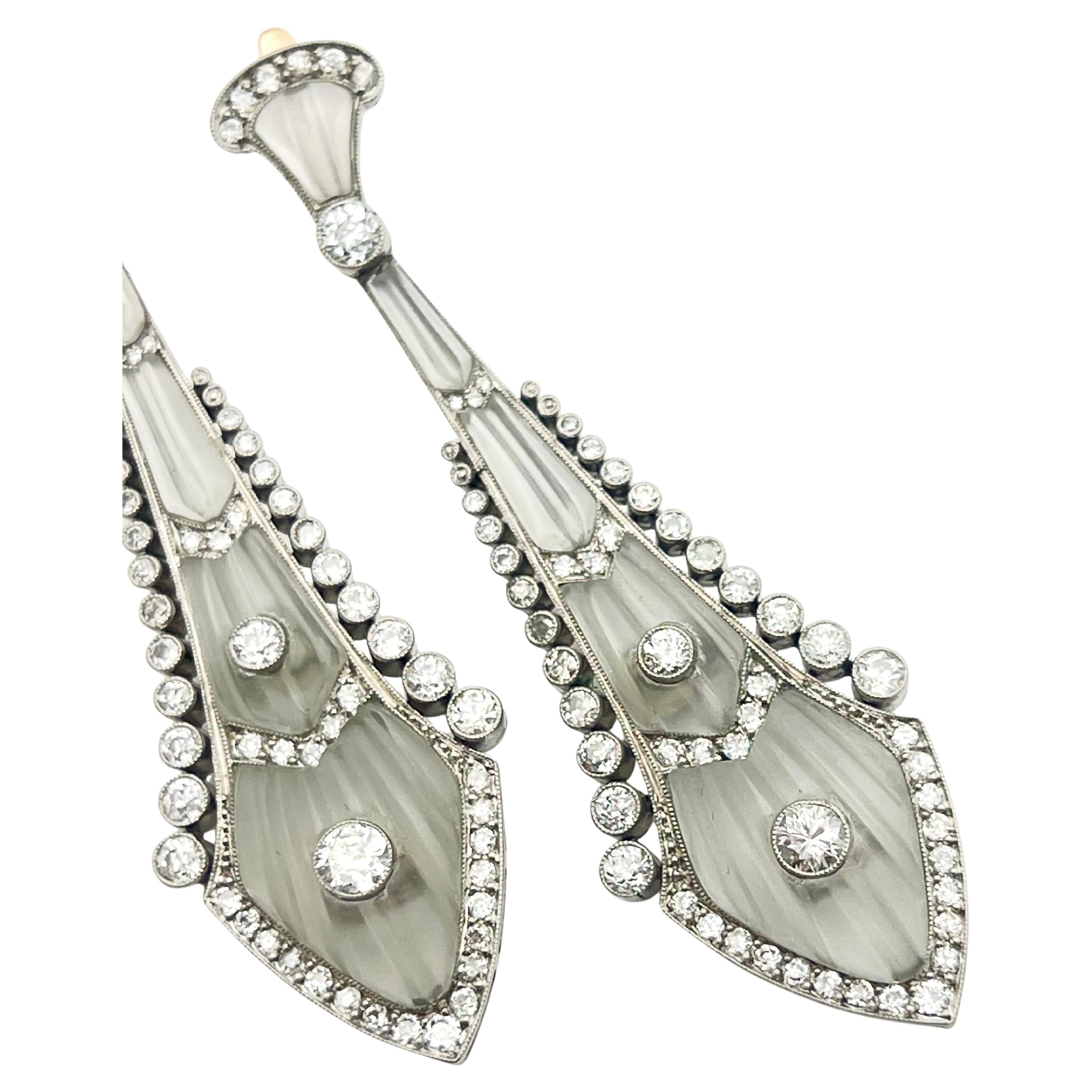 Pendientes Antiguos Edwardian de Platino con Diamantes y Cristal de Roca Corte redondo en venta