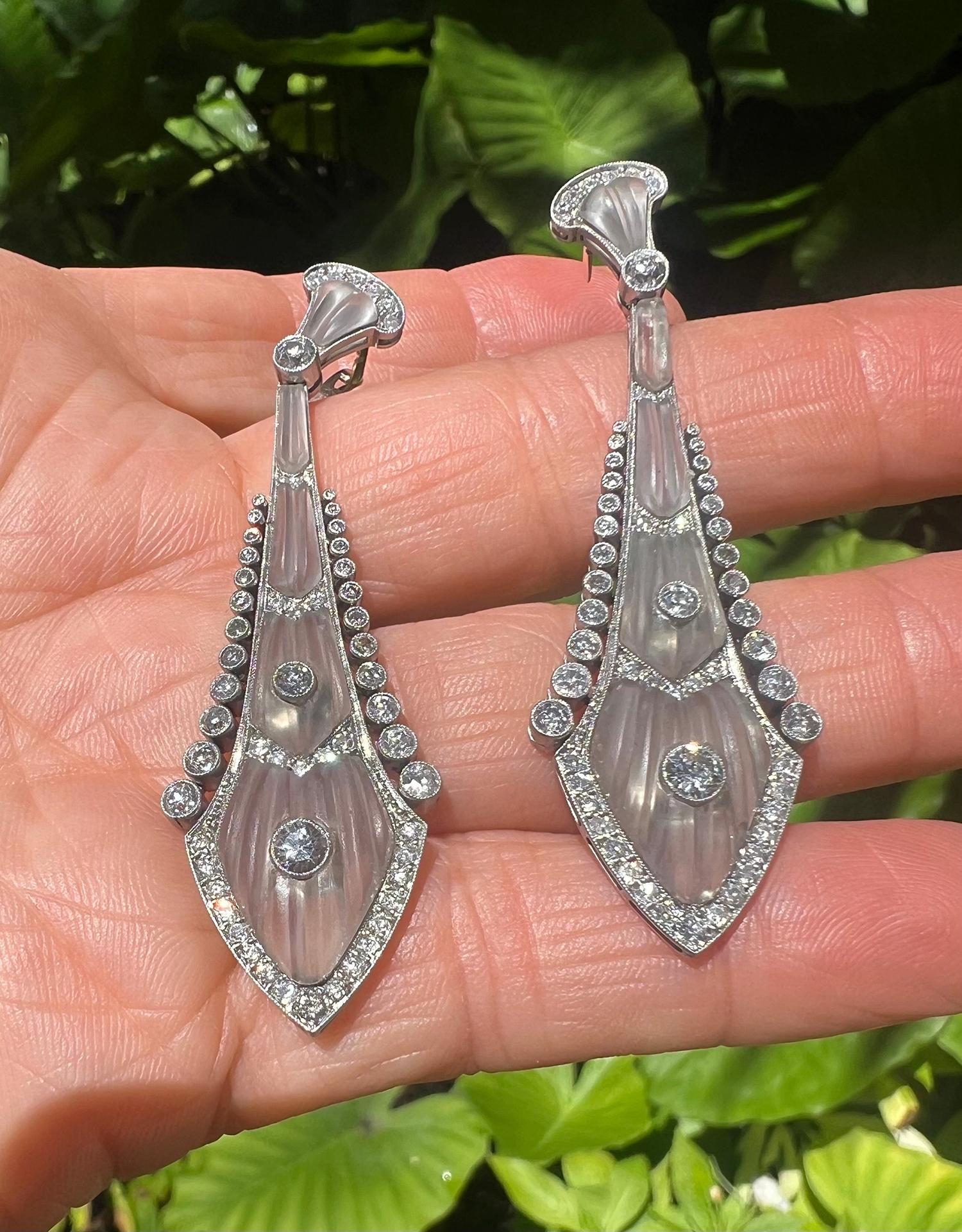 Pendientes Antiguos Edwardian de Platino con Diamantes y Cristal de Roca en venta 1