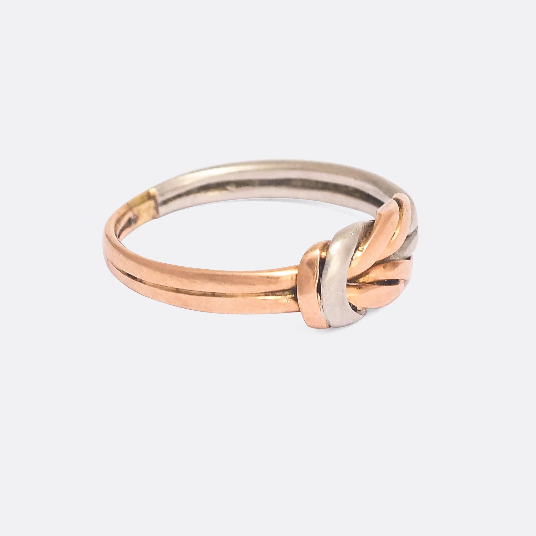 A superb Edwardian period lover's knot ring in 18k rose gold and platinum. It dates from the early 20th century, and appears to be formed as some sort of variant of a square knot - perhaps some sailors/anglers could help identify? It's beautifully
