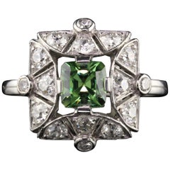 Antique Edwardian Platinum Russian Demantoid Garnet and Diamond Cocktail Ring