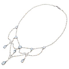 Antique Edwardian Platinum Seed Pearl and Aquamarine Festoon Necklace