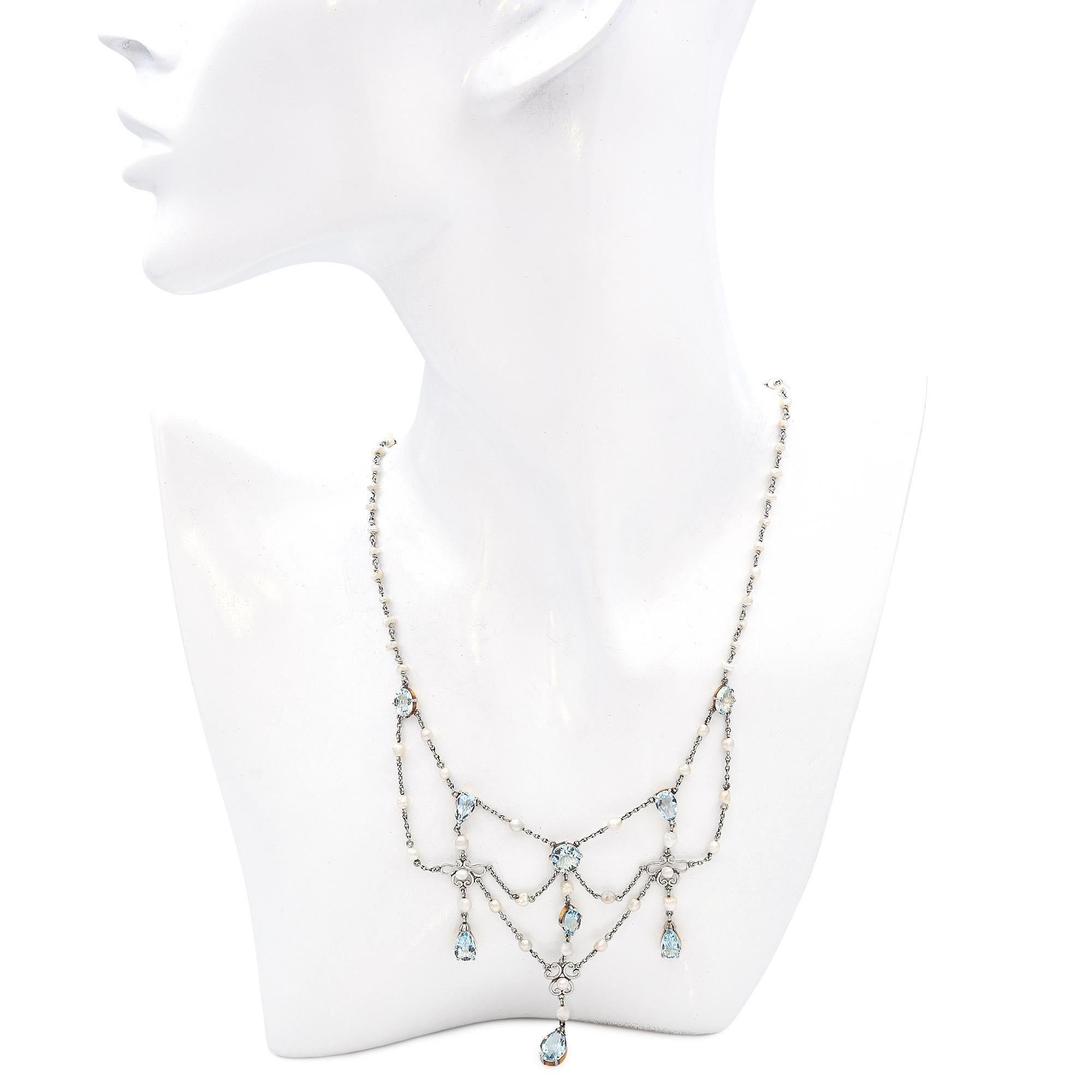 Round Cut Antique Edwardian Platinum Seed Pearl and Aquamarine Festoon Necklace For Sale
